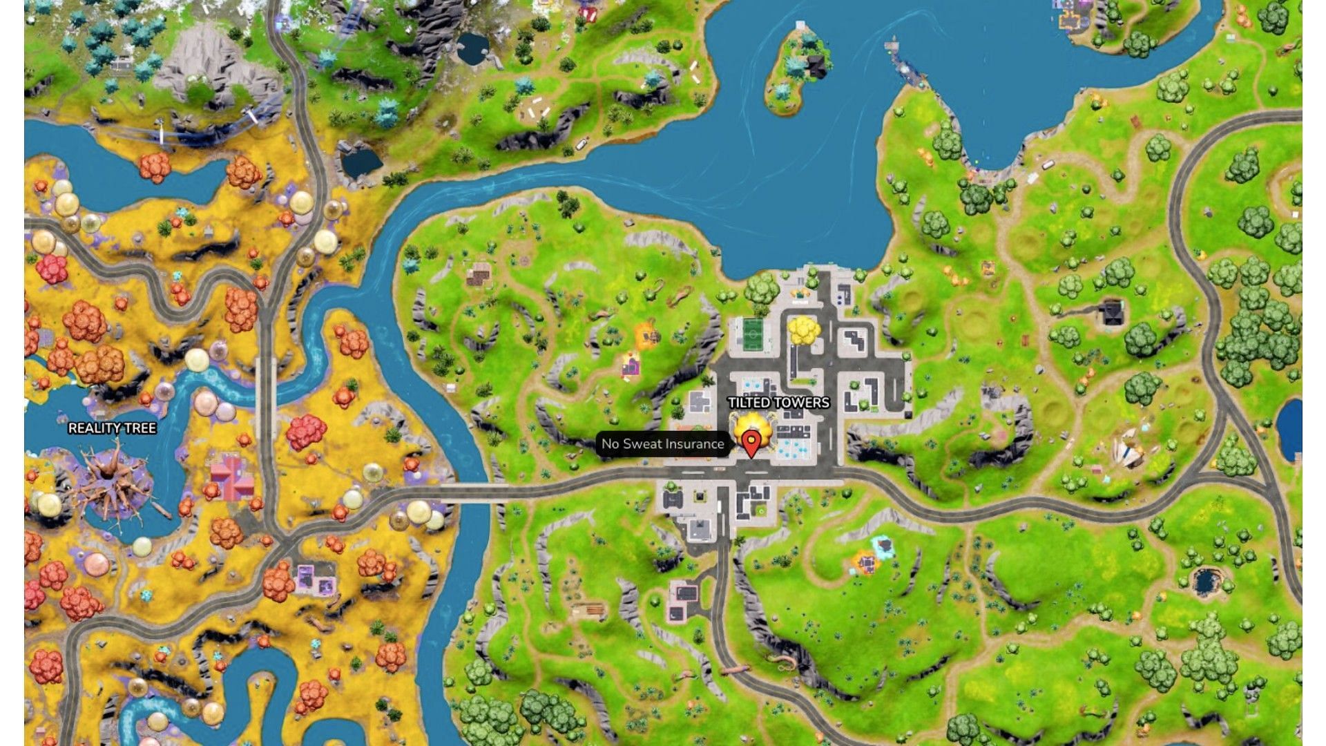 No Sweat Insurance is located east of the Reality Tree (Image via Fortnite.gg)