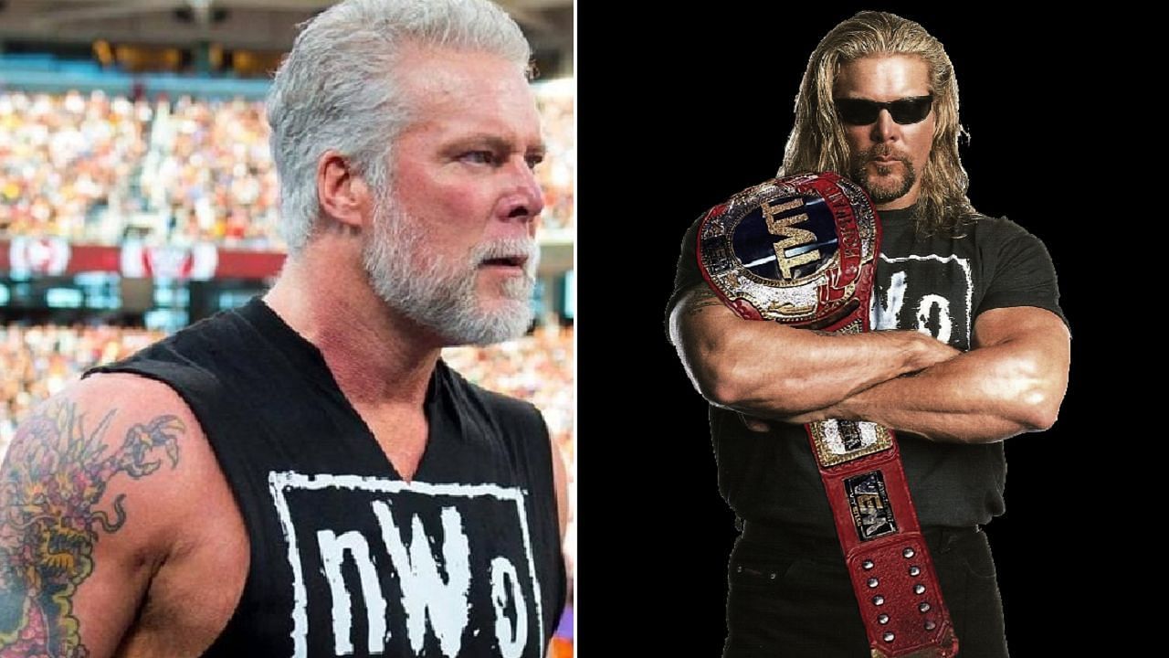 Kevin Nash at WrestleMania 31 (left); Nash photoshopped with the TNT title (right)