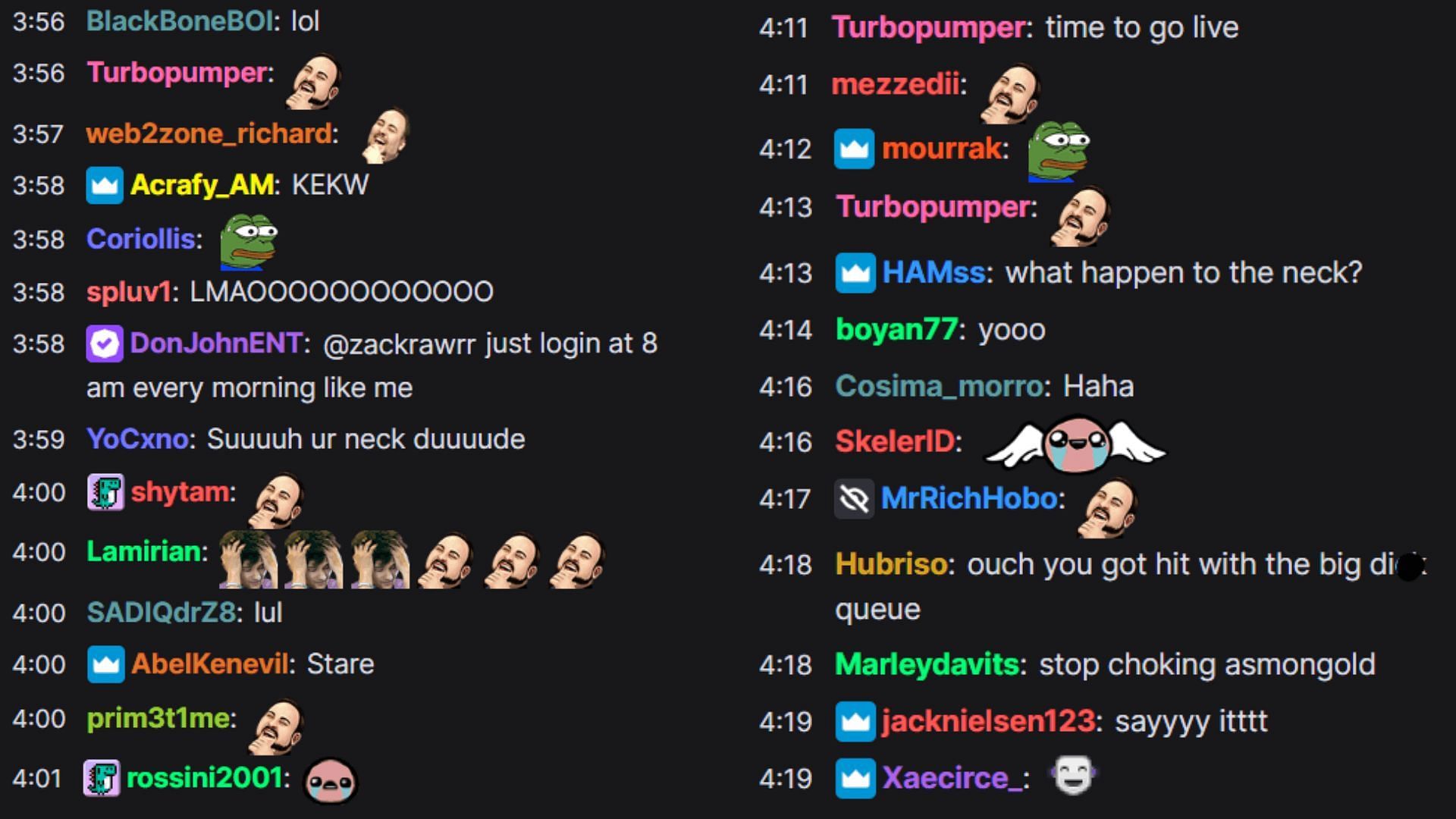 Chat reacting to the story (Image via zackrawrr/Twitch)