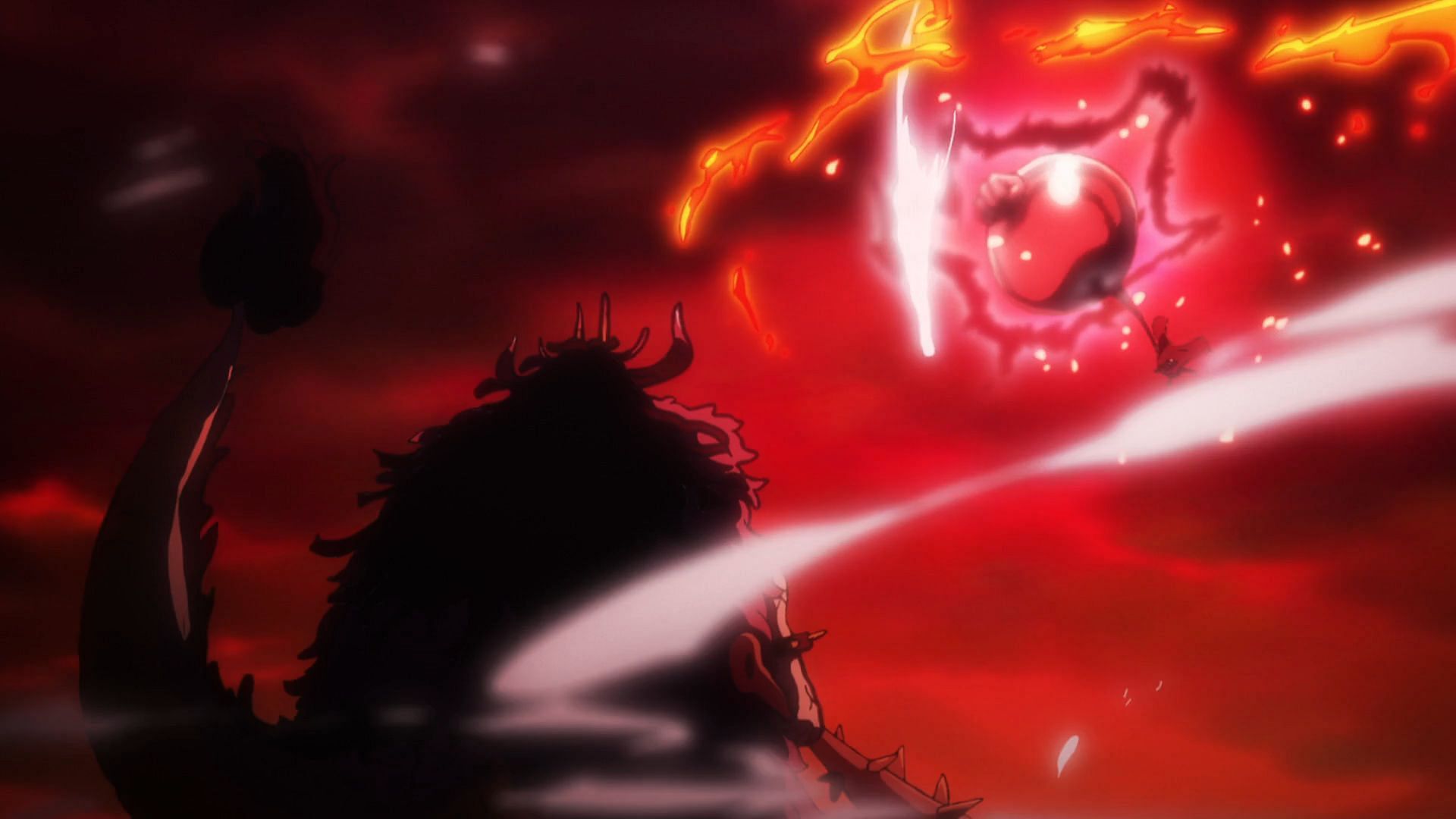 Luffy using his Red Roc on Kaido (Image via Toei Animation)