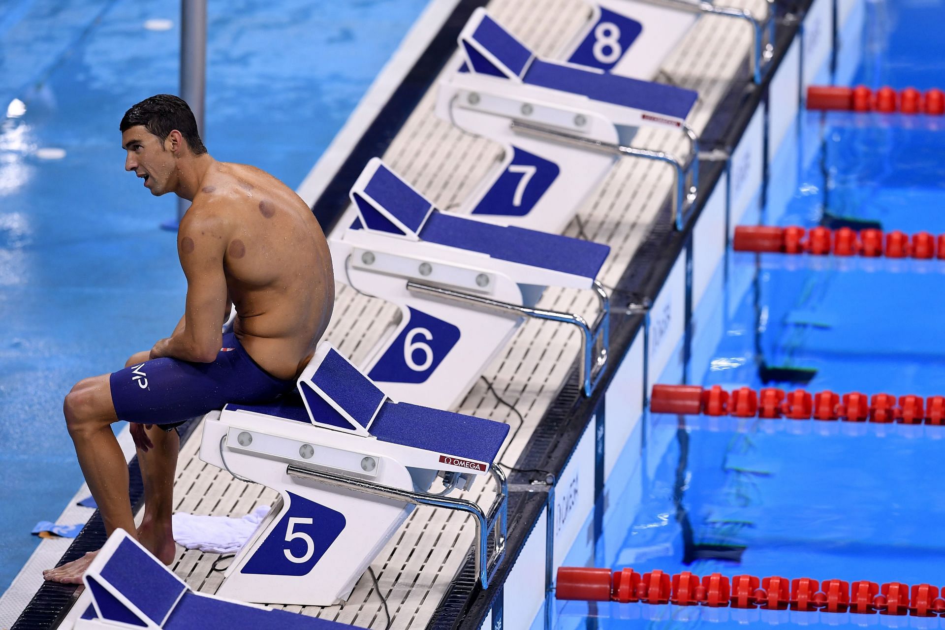 Michael Phelps with visible cupping marks (Image via David Ramos/Getty Images)
