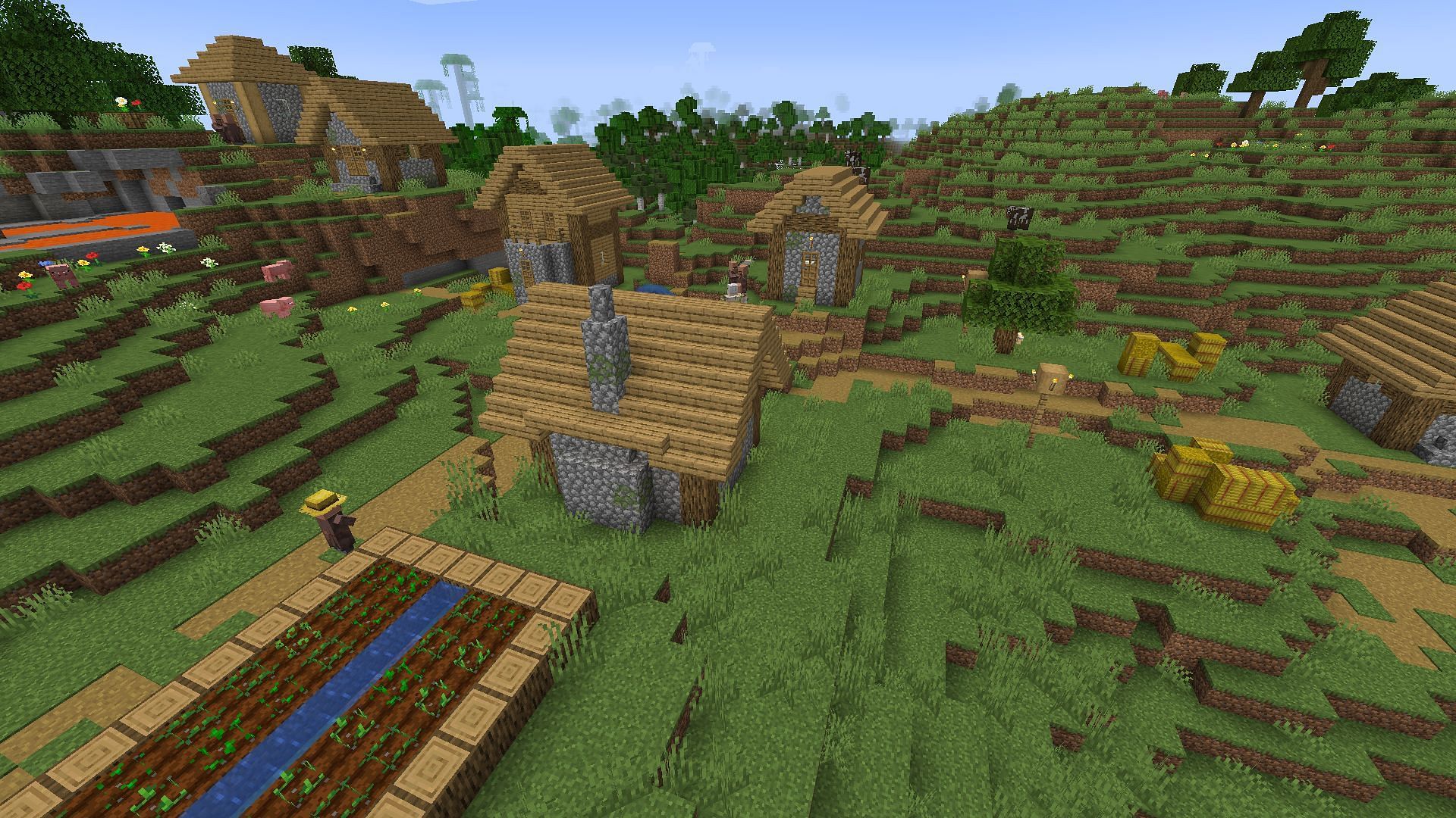 A plain plains village without a shader applied (Image via Minecraft)