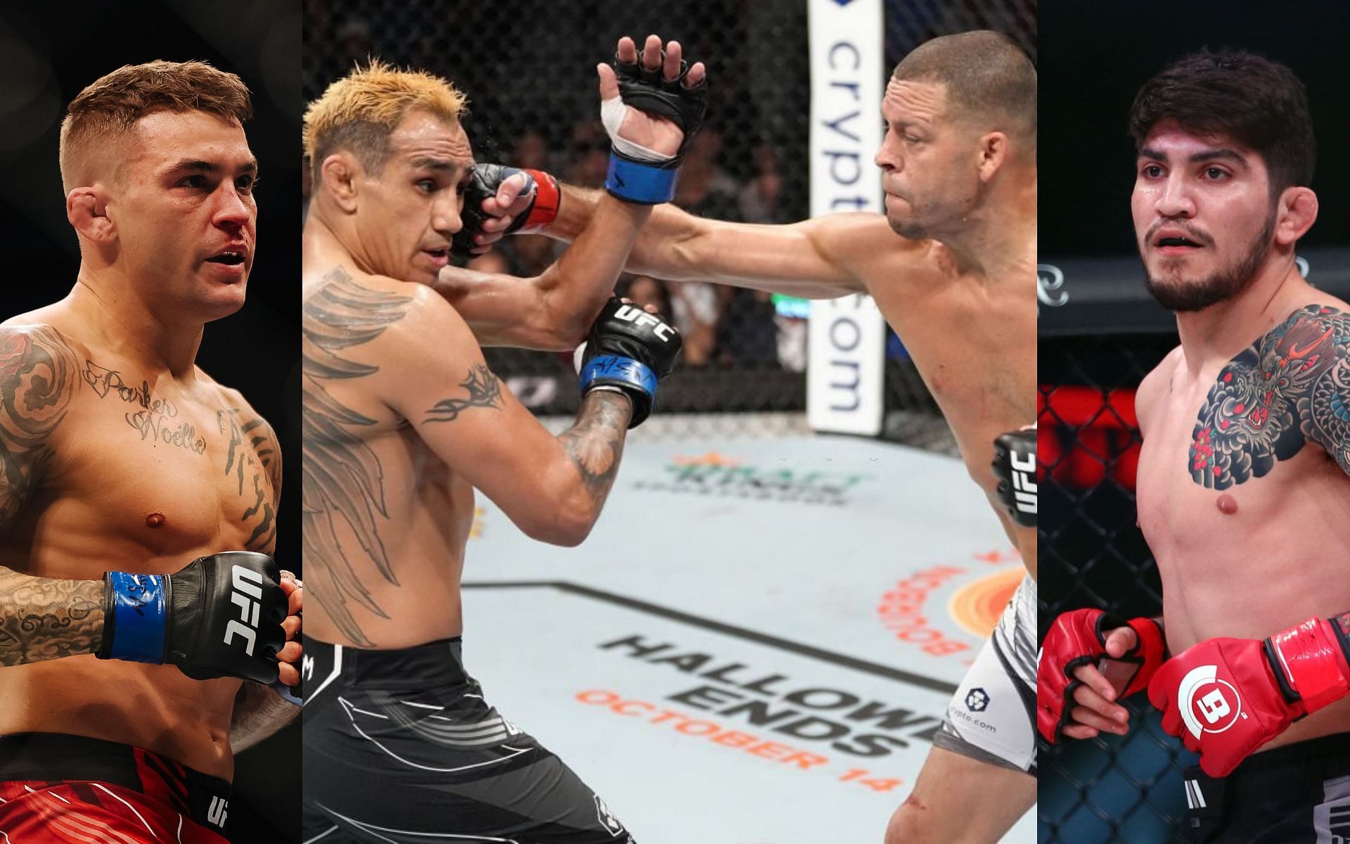 Dustin Poirier (left), Tony Ferguson vs. Nate Diaz (center), Dillon Danis (right). [Images courtesy: left and center images from Getty Images, right image from mmamania.com]