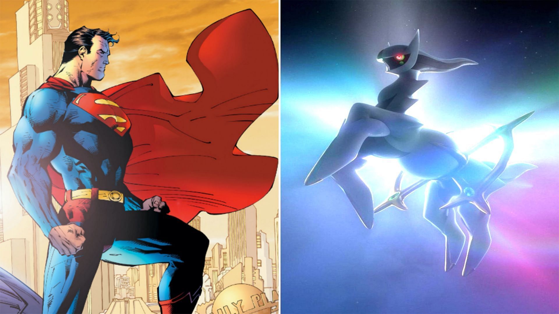 Superman and Arceus as they appear in their Universes (Image via Niantic and DC Comics)