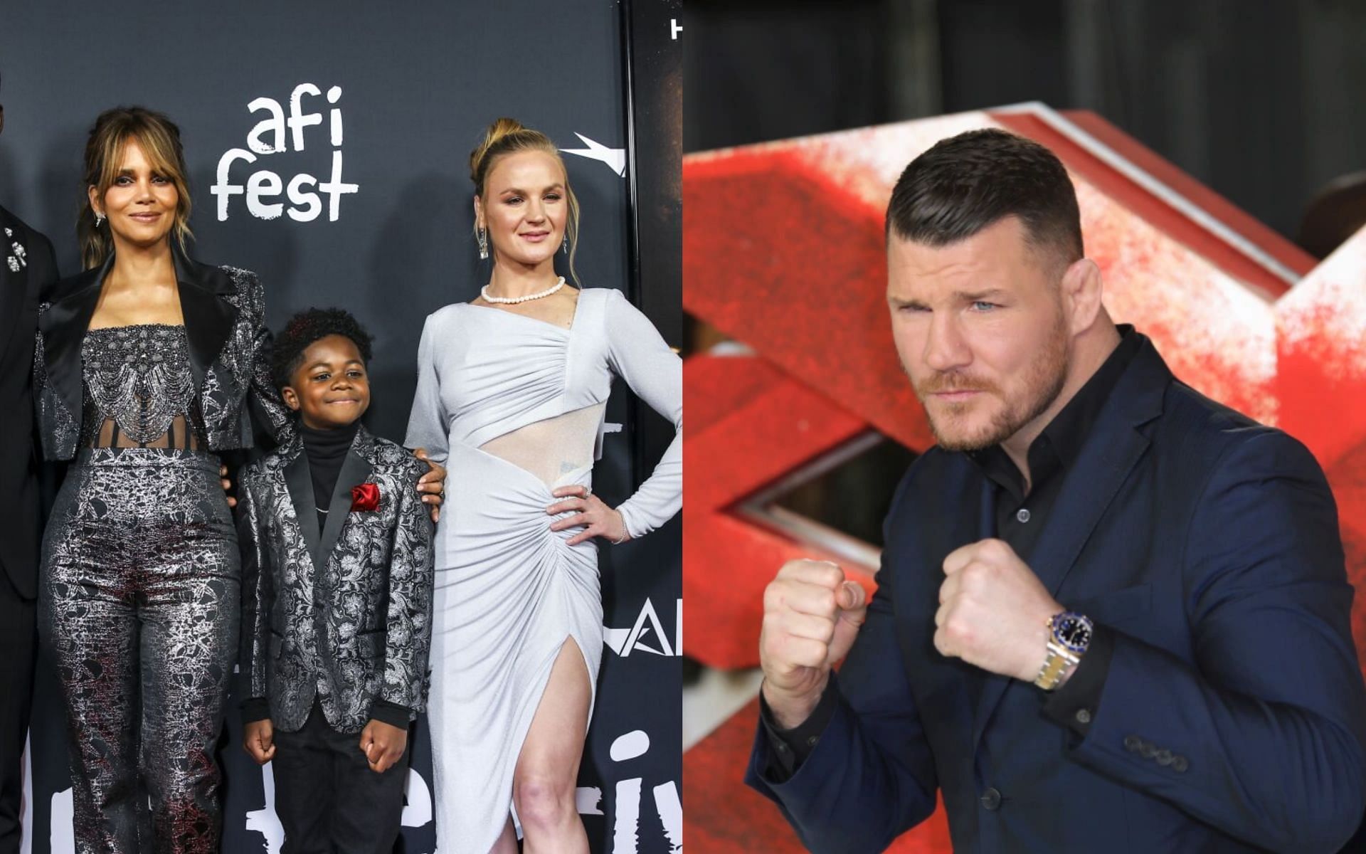 Valentina Shevchenko (in white) with Halle Berry (in black) &amp; Michael Bisping