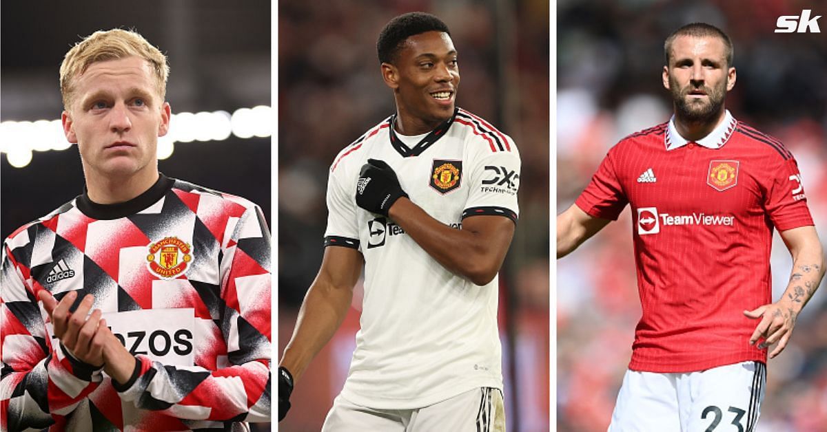 [L-to-R] Manchester United trio Donny van de Beek, Anthony Martial and Luke Shaw.