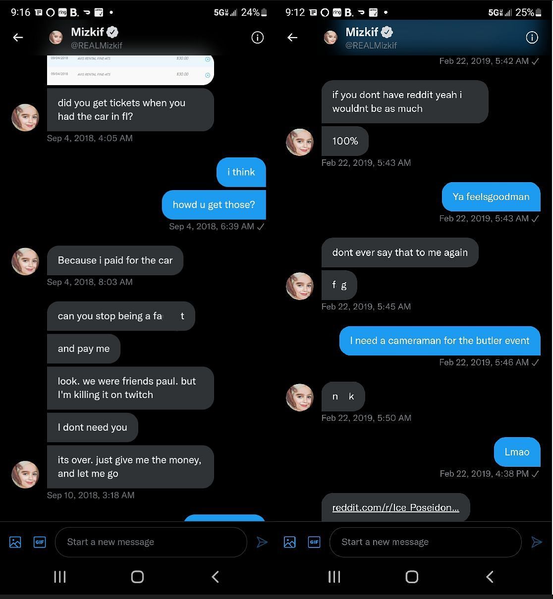 Ice Poseidon leaking old DM conversation featuring Mizkif 1/2 (Images via Twitter)