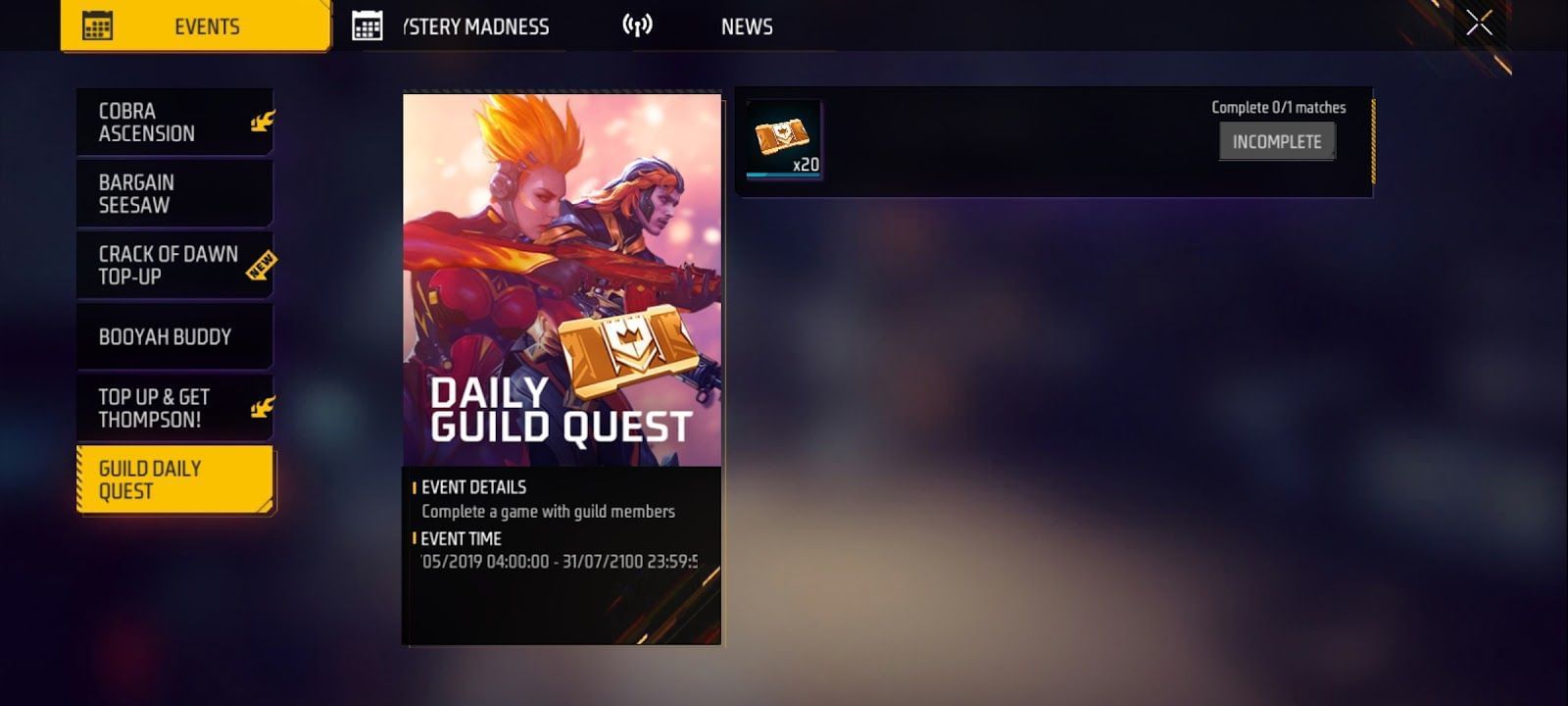 Daily Guild Quest provides 20 guild tokens daily for playing a match (Image via Garena)