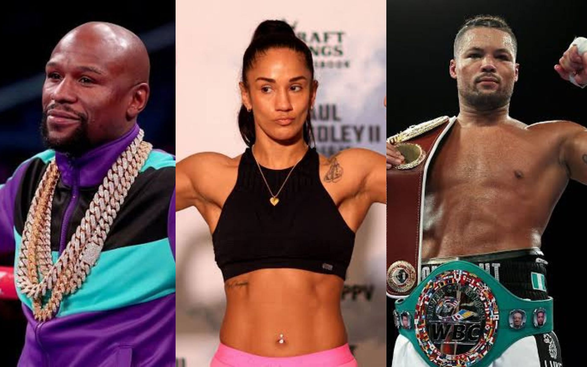 (From left to right) Floyd Mayweather, Amanda Serrano, and Joe Joyce.