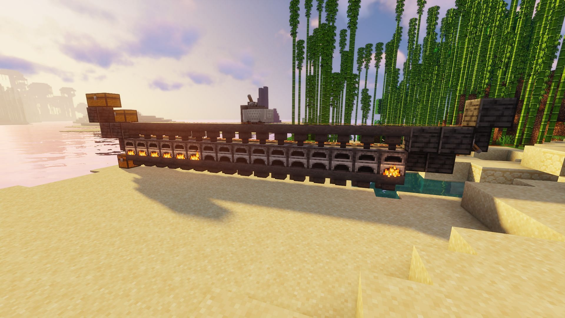 A super smelter working as the sun rises (Image via Minecraft)