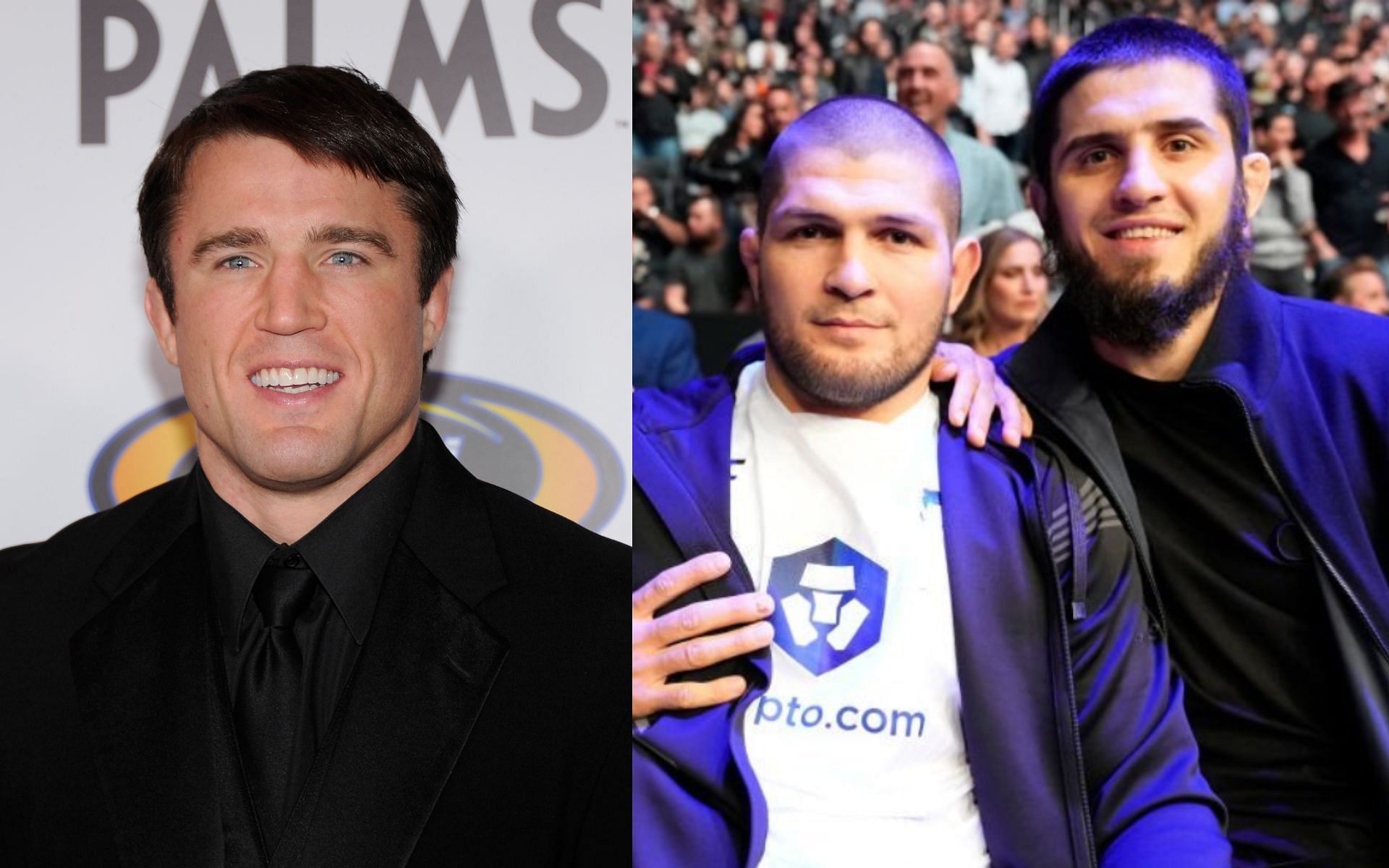 Chael Sonnen (left), and Khabib Nurmagomedov and Islam Makhachev (right). [Images courtesy: both images from Getty Images]