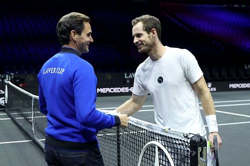 Roger Federer and Andy Murray at a Laver Cup practice session.