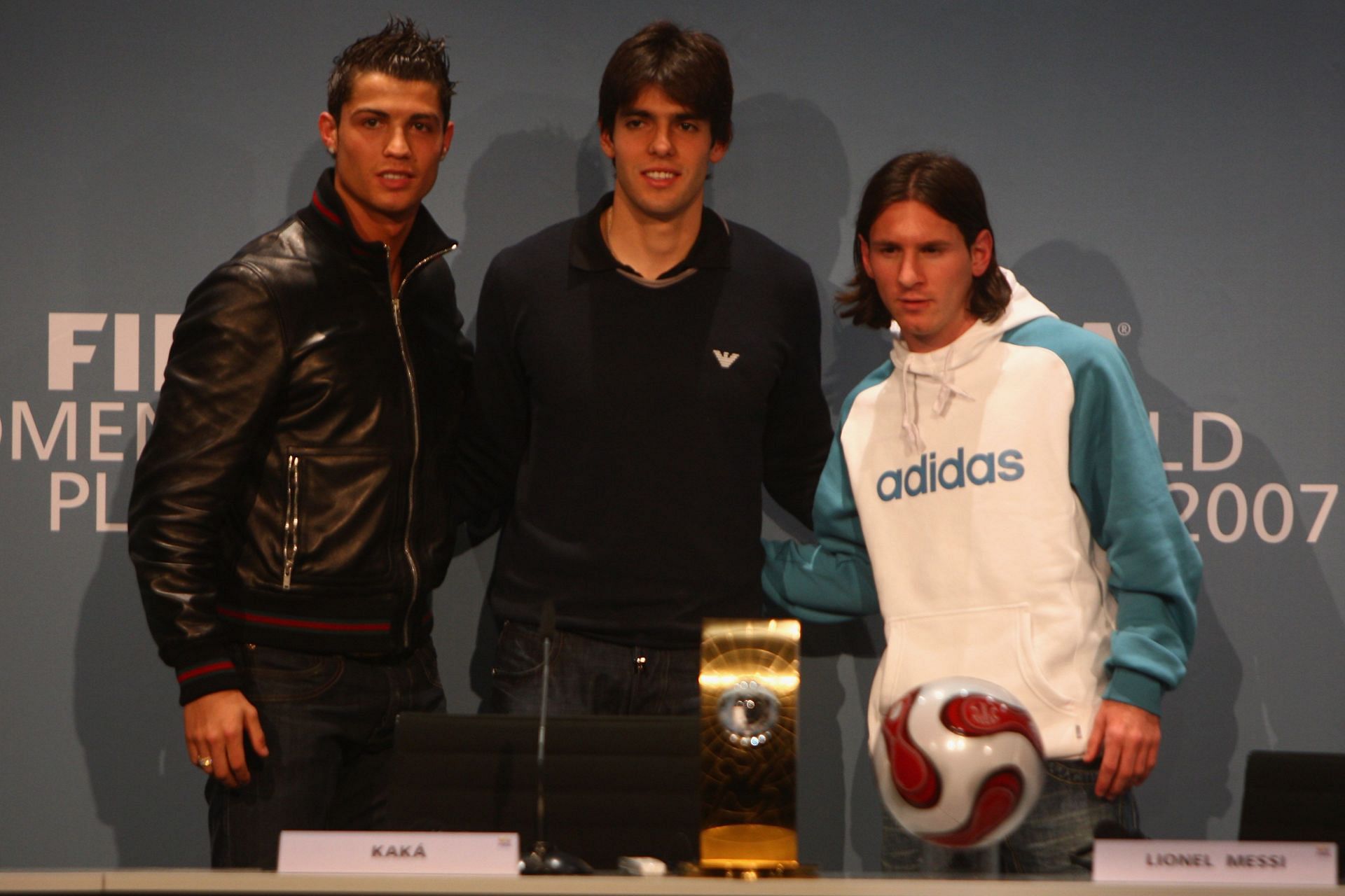 Cristiano Ronaldo, Kaka, and Lionel Messi