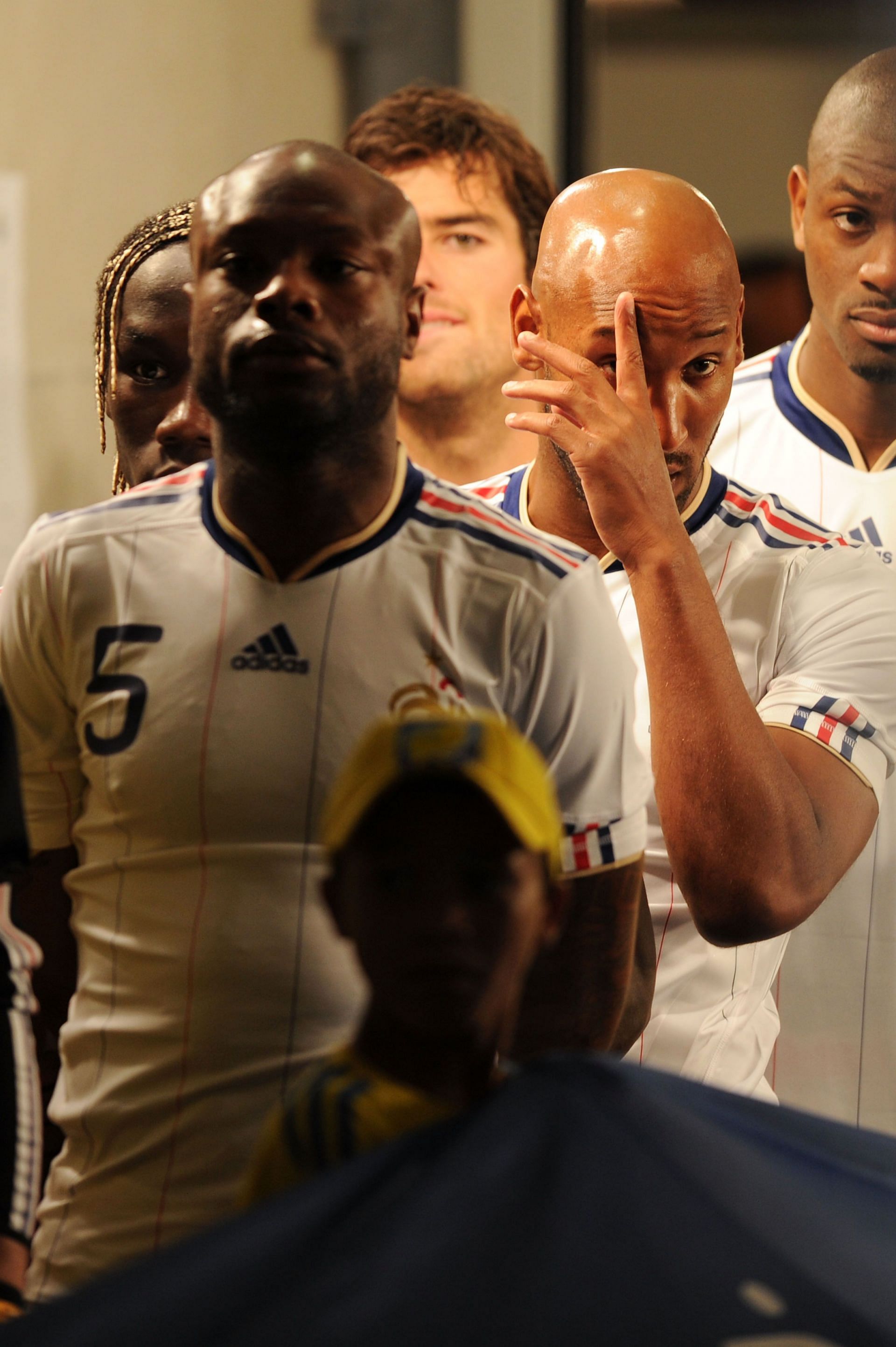 William Gallas and Nicolas Anelka of France prepare to walk onto the pitch during the 2010 FIFA World Cup South Africa Group A match between Uruguay and France at Green Point Stadium on June 11, 2010, in Cape Town, South Africa.