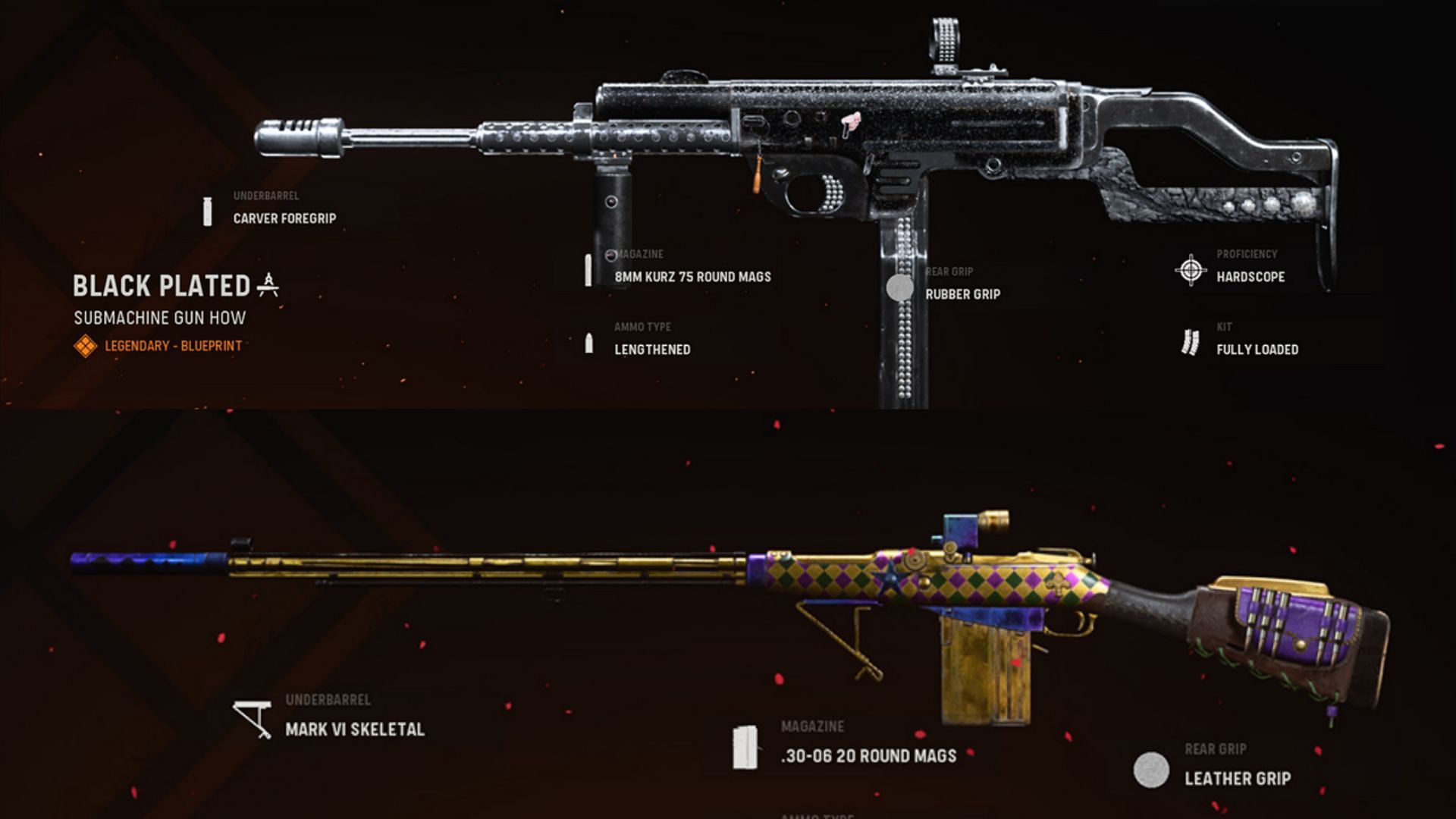 Some available blueprints for Armaguerra 43 and 3-Line Rifle in-game (Image via Warzone / Activision)
