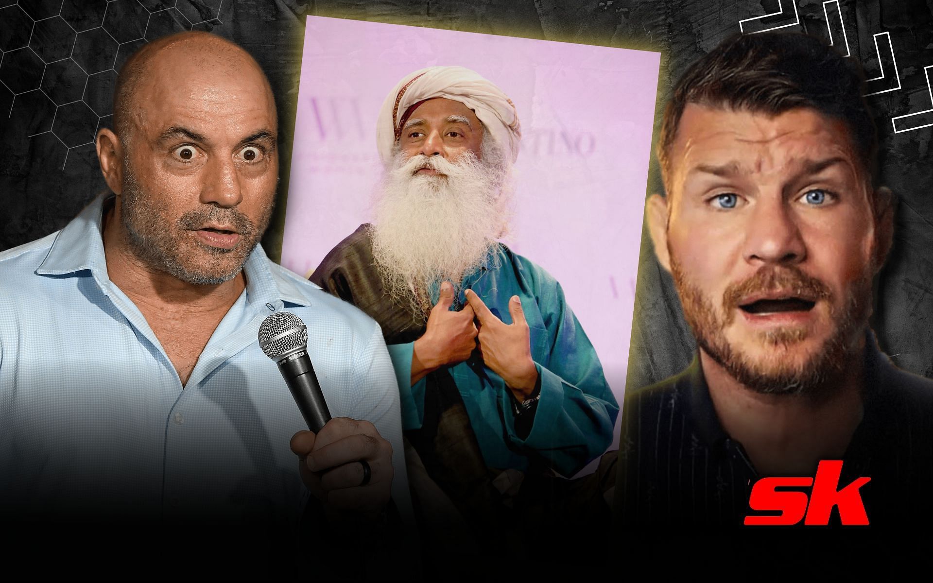  Joe Rogan and Michael Bisping impressed by Sadhguru. [Image credits: Getty images; YouTube/MichaelBipsing.]