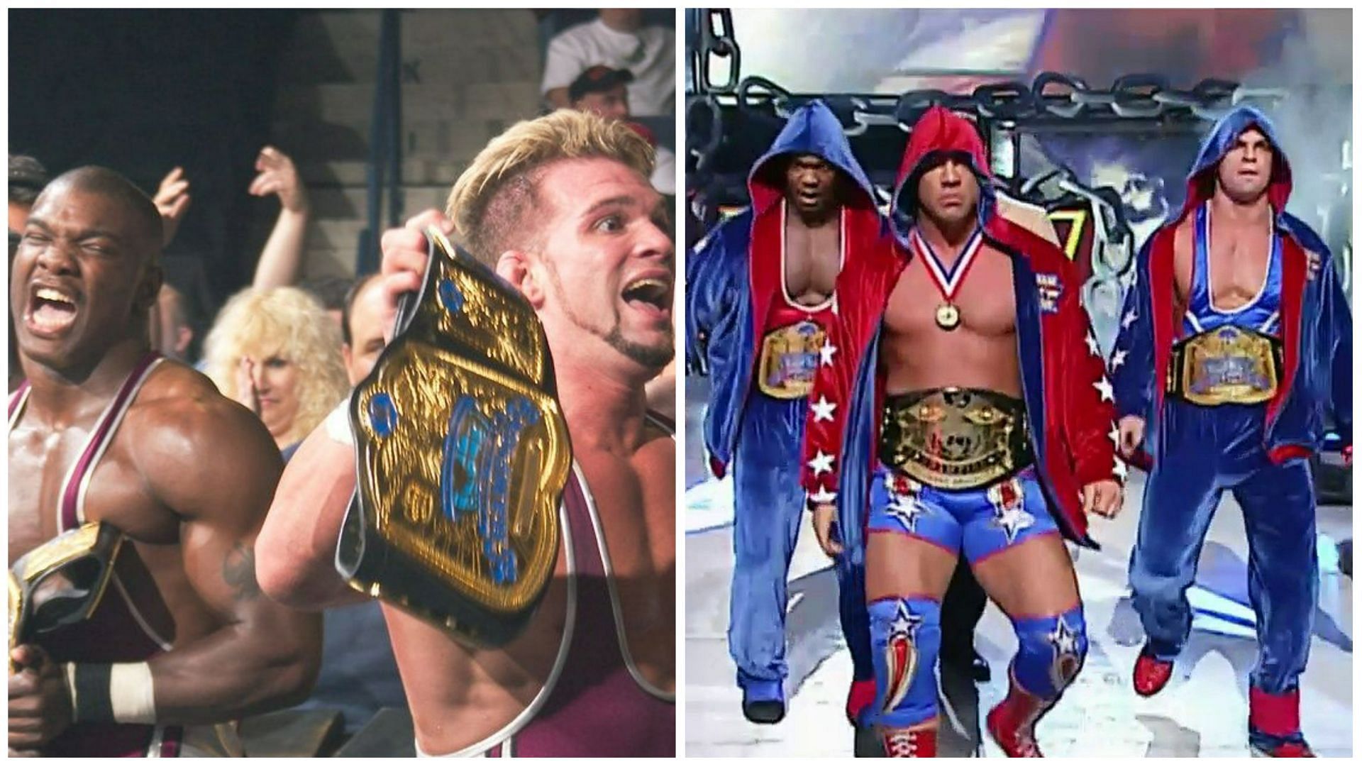 Shelton Benjamin and Charlie Haas as WWE Tag Team Champions (L); Team Angle (R)
