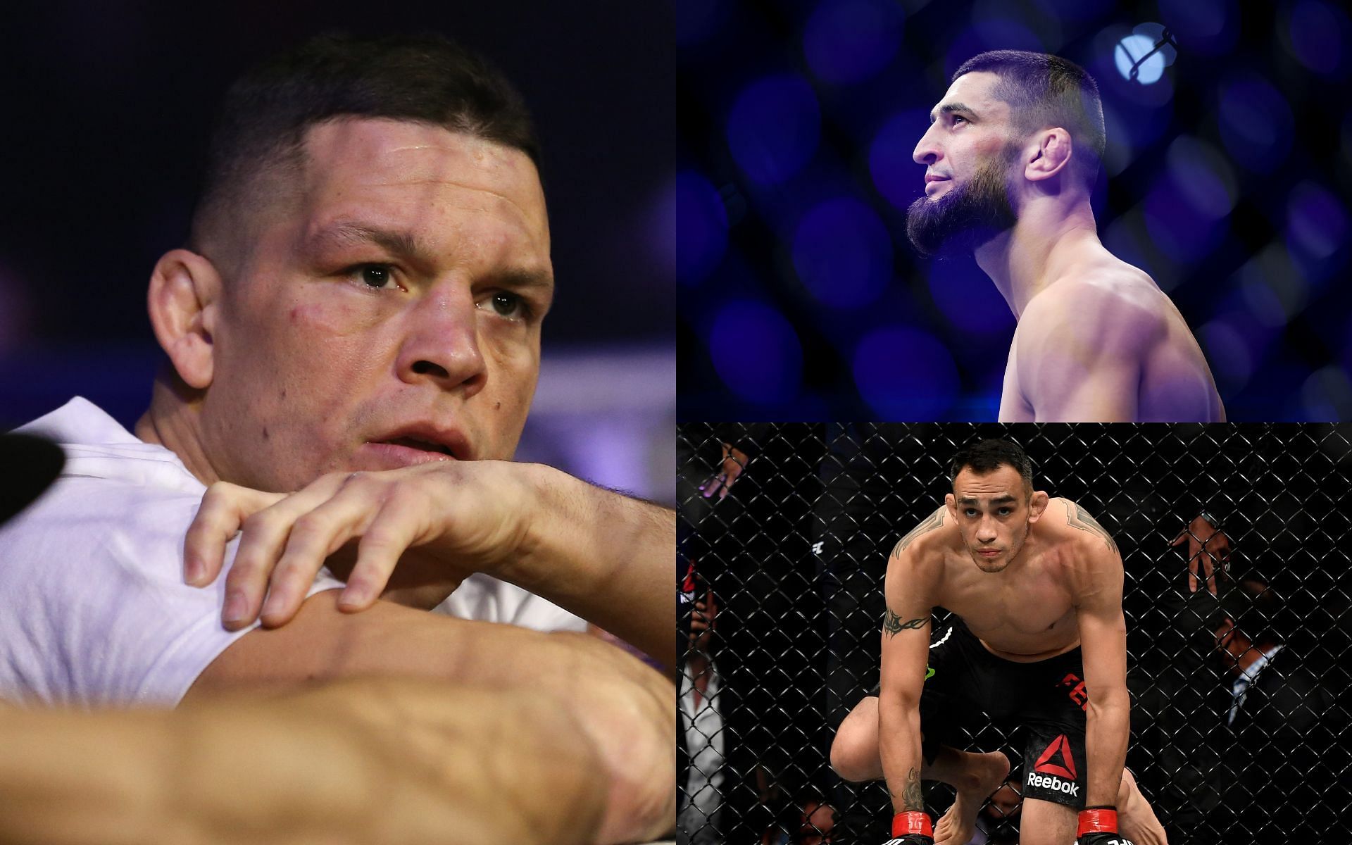 Nate Diaz (Left), Khamzat Chimaev (Top Right), and Tony Ferguson (Bottom Right)