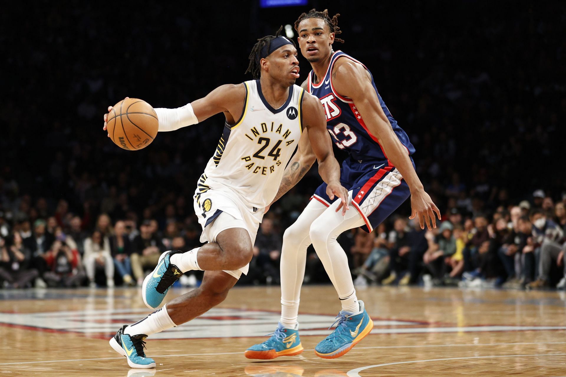 Buddy Hield in action during Indiana Pacers v Brooklyn Nets