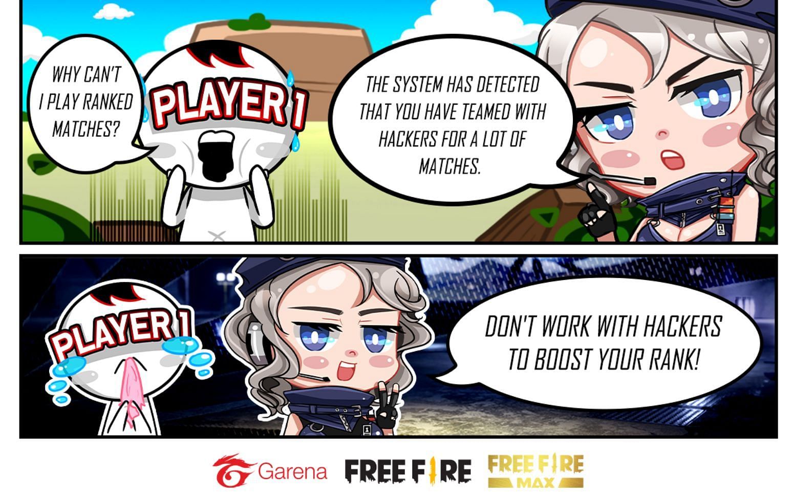 Garena Free Fire - Hackers are detected and banned daily. Our enhanced anti- hack system wipes out cheaters who use modified client or third-party  programs. Do not hack. #PLAYFAIR