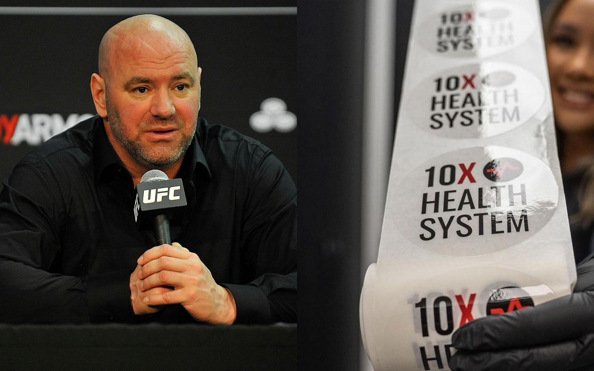 Dana White (left) 10X Health System promotional material (right) (image courtesy @10xhealthsystem)