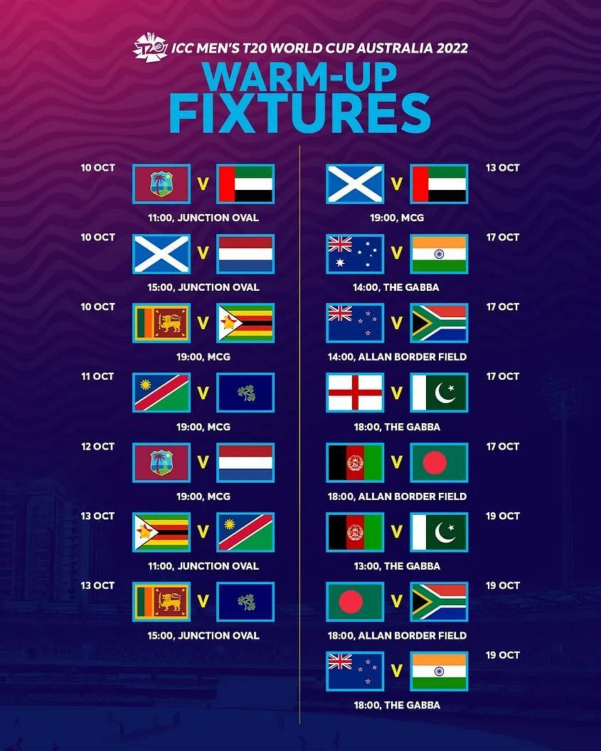 ICC Mens T20 World Cup Warmup Matches Schedule & Time Table