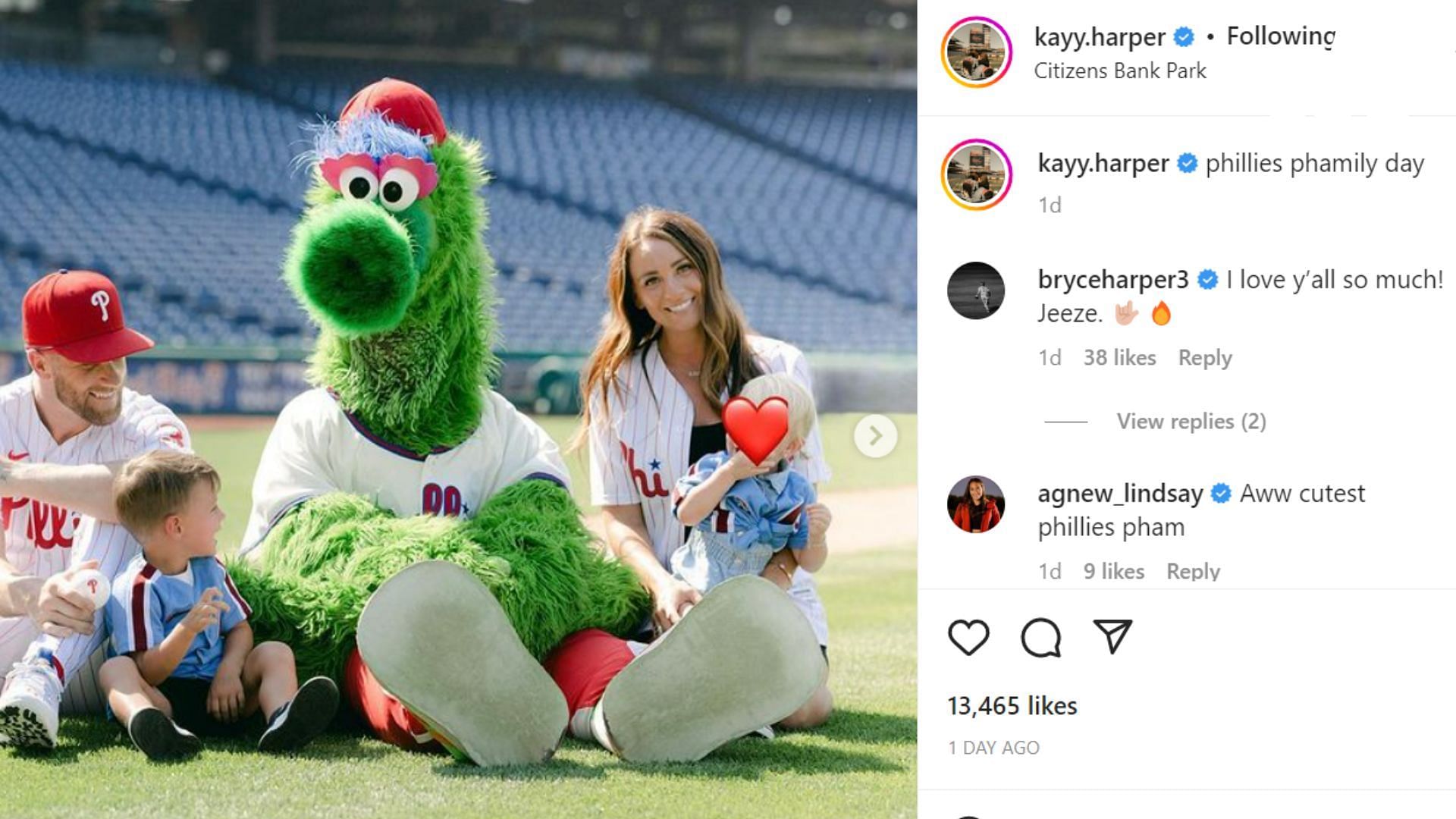 Bryce Harper&#039;s comment on wife Kayla&#039;s picture.