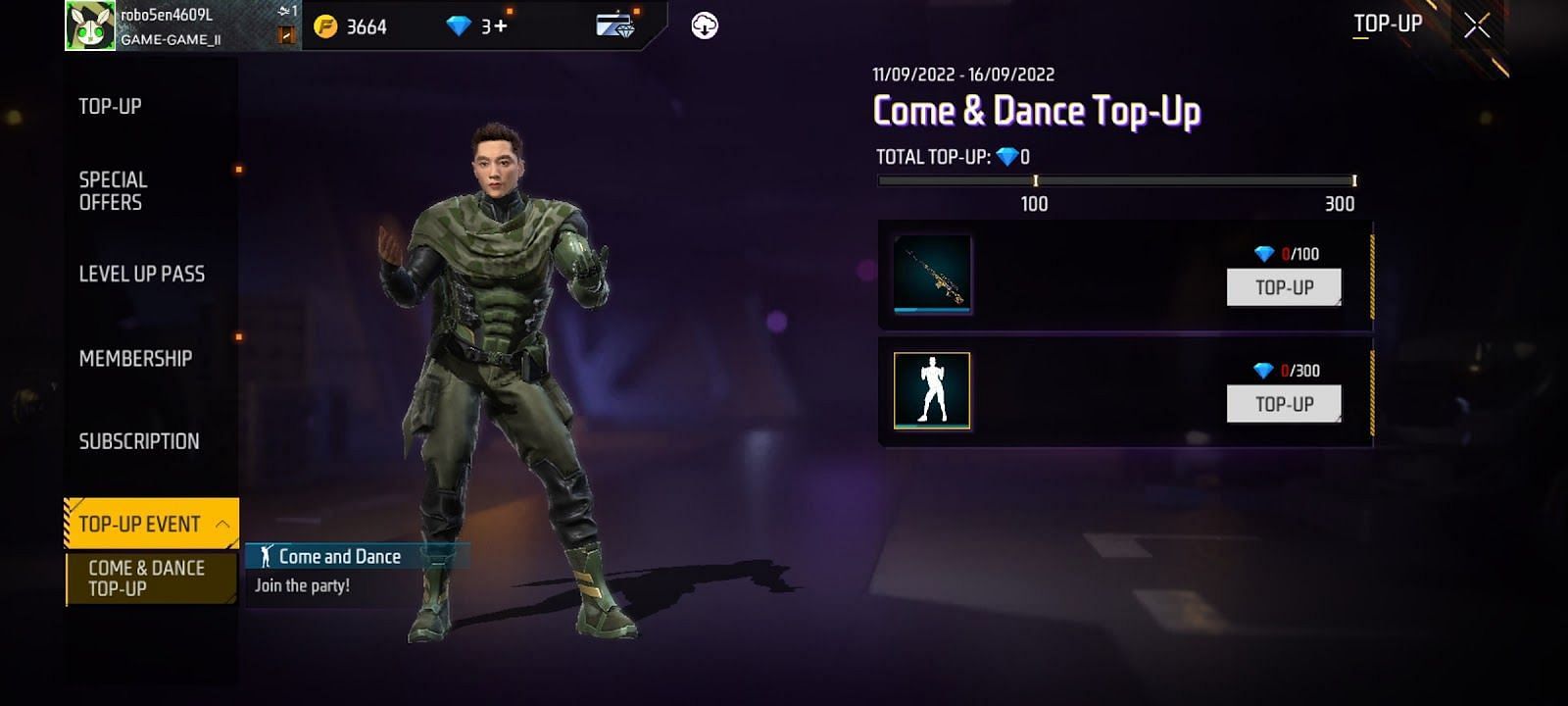 How to get both rewards in Come &amp; Dance Top-Up event (Image via Garena)