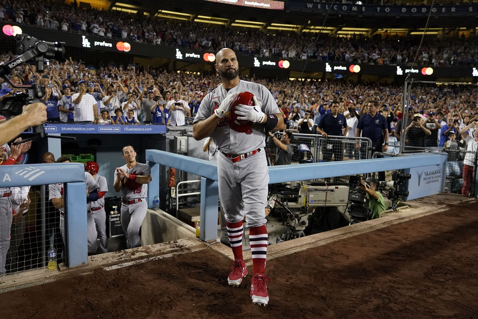 St. Louis Cardinals Albert Pujols watches a video tribute about