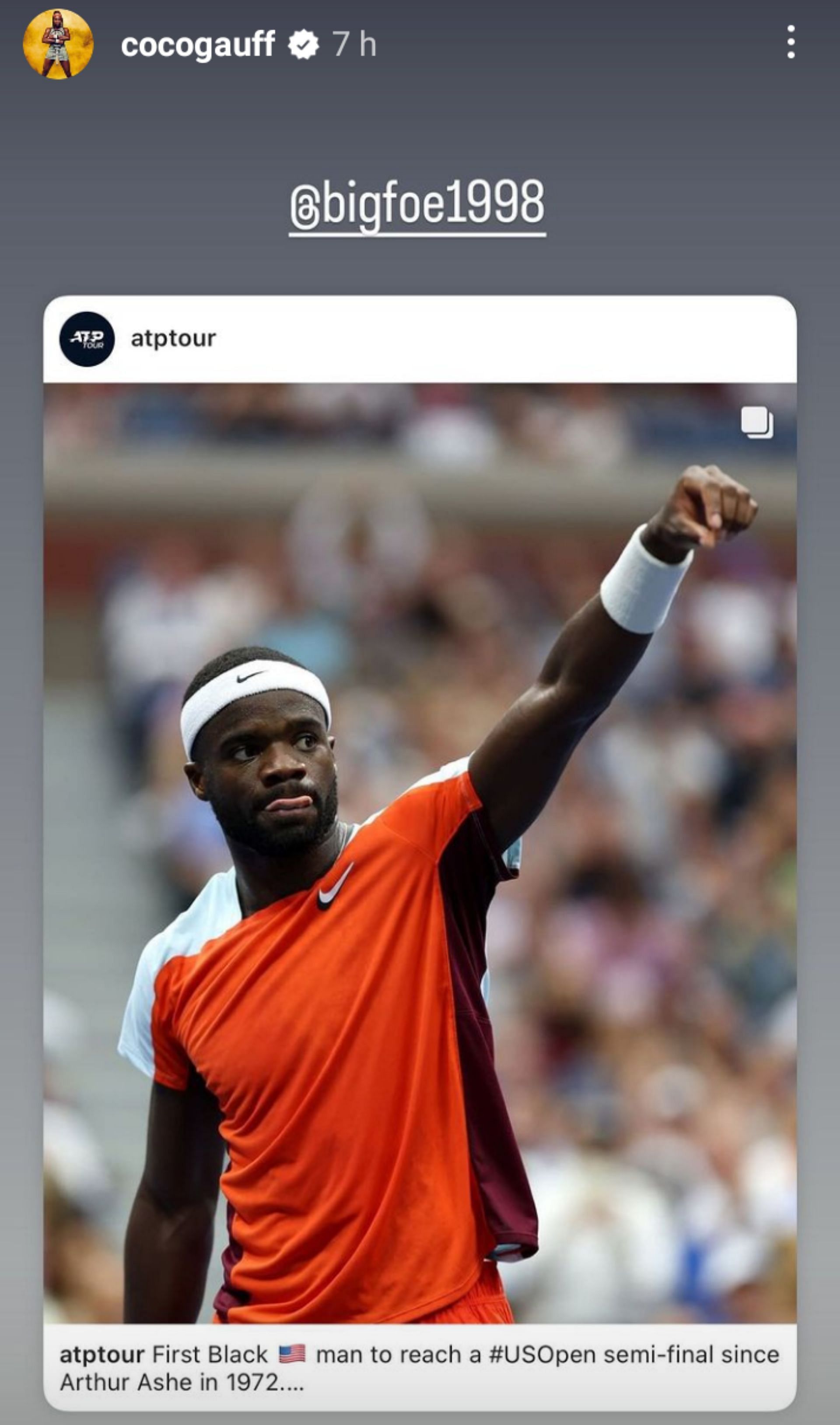 Coco Gauff shared ATP&#039;s post about Frances Tiafoe