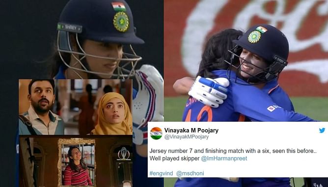 "Jersey number 7 finishing match with a six, seen this before"- Fans react after Harmanpreet Kaur finishes first ODI vs England with a six