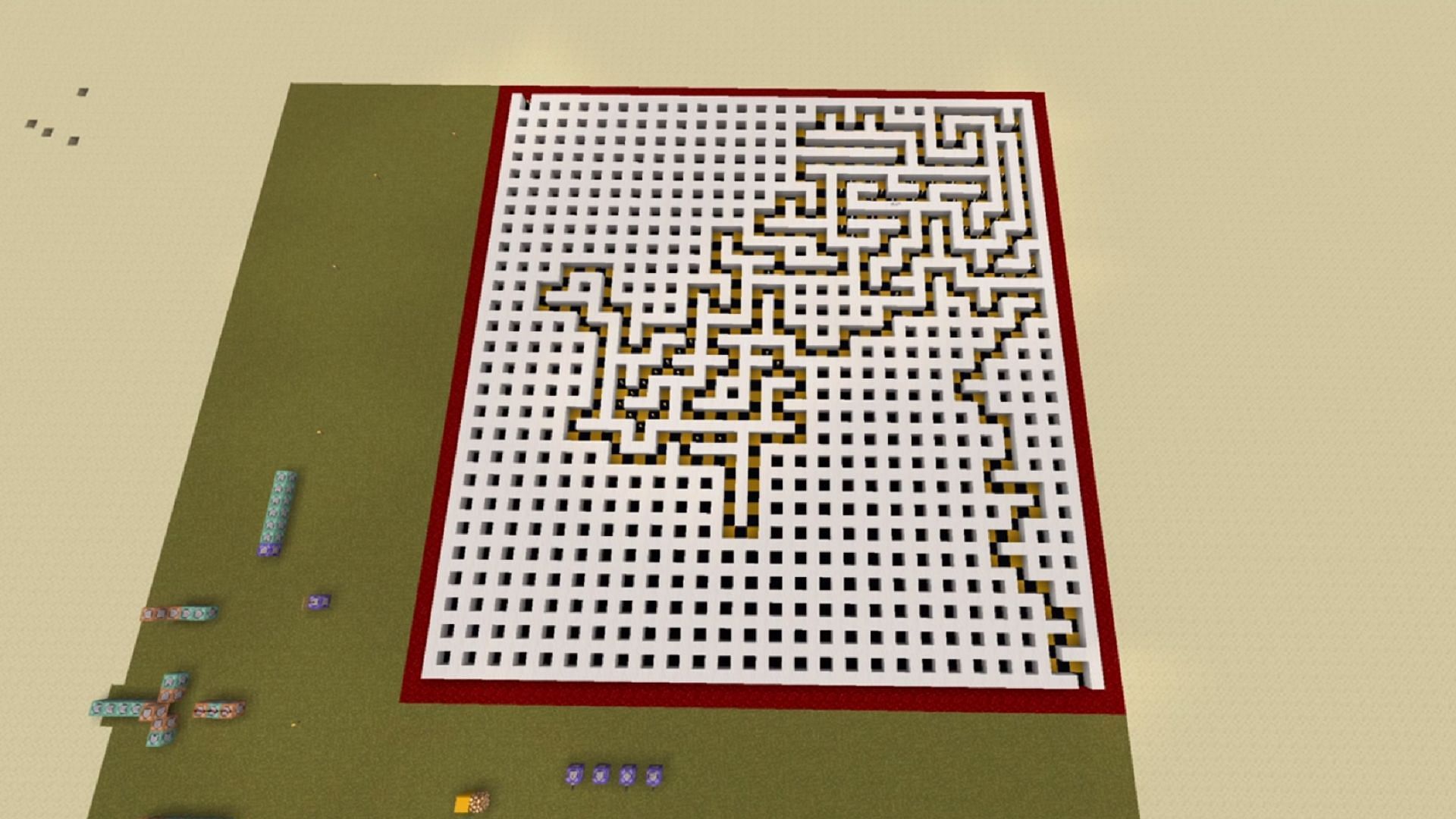 An automatically-generated maze using several sequences of command blocks (Image via u/Francesco_ita_v/Reddit)
