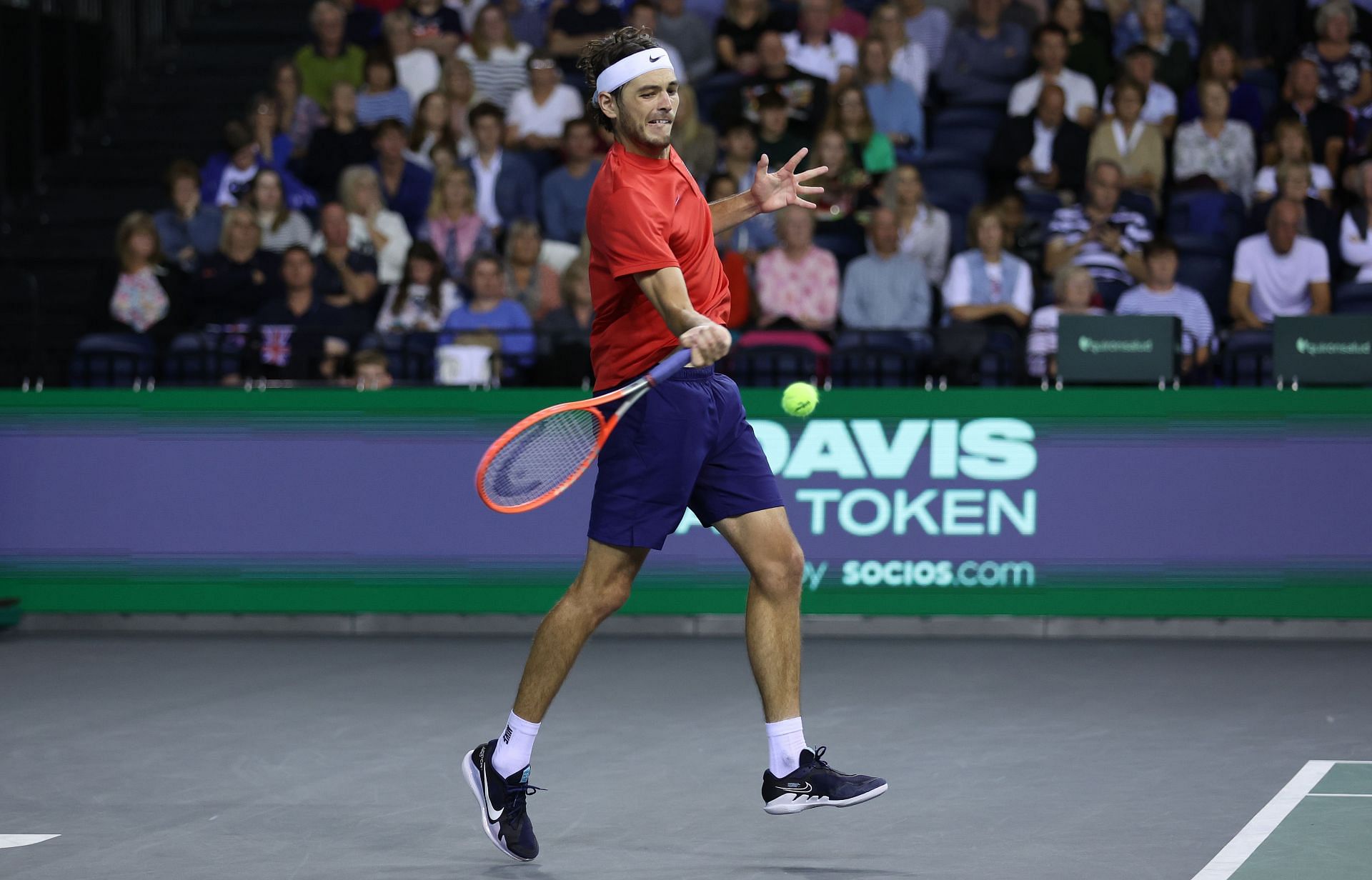 Taylor Fritz in action at the Davis Cup Group D match between United States v Great Britain