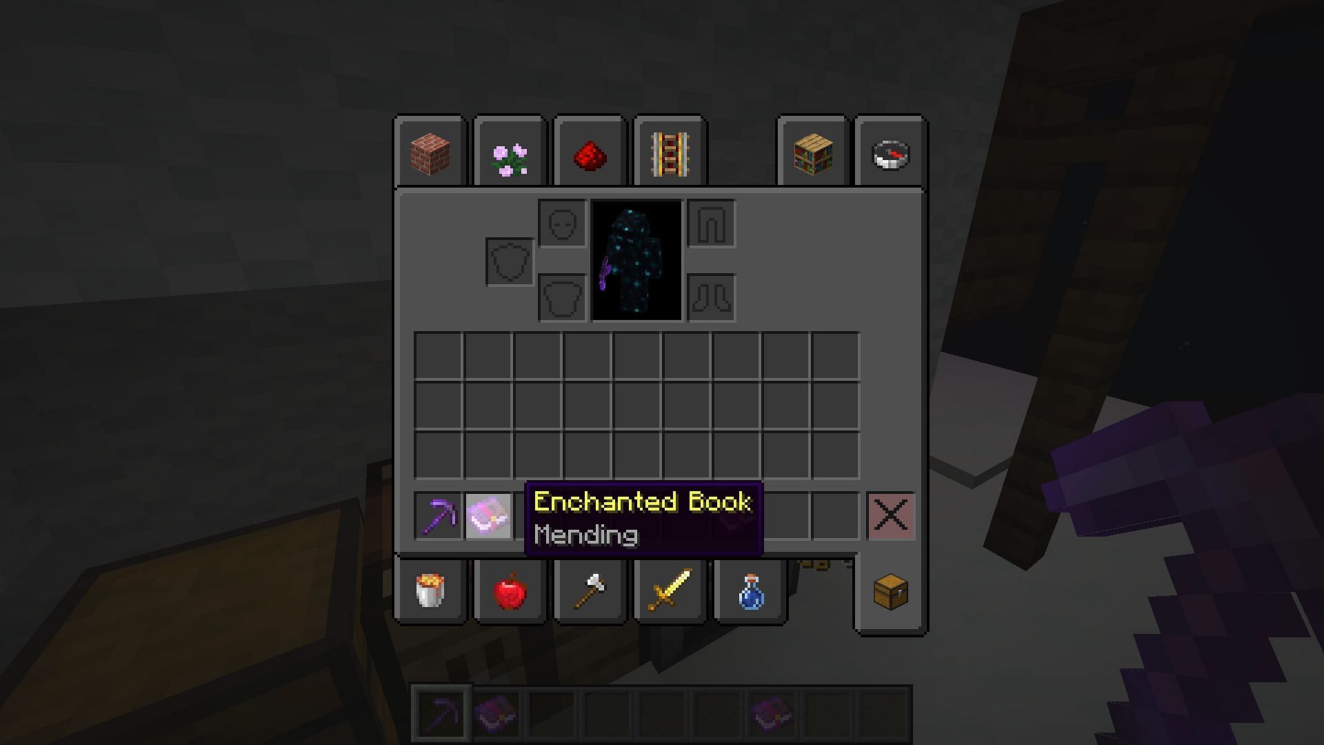 Players must get high-level enchantments early and use mending to keep repairing items without an anvil in Minecraft (Image via Mojang)