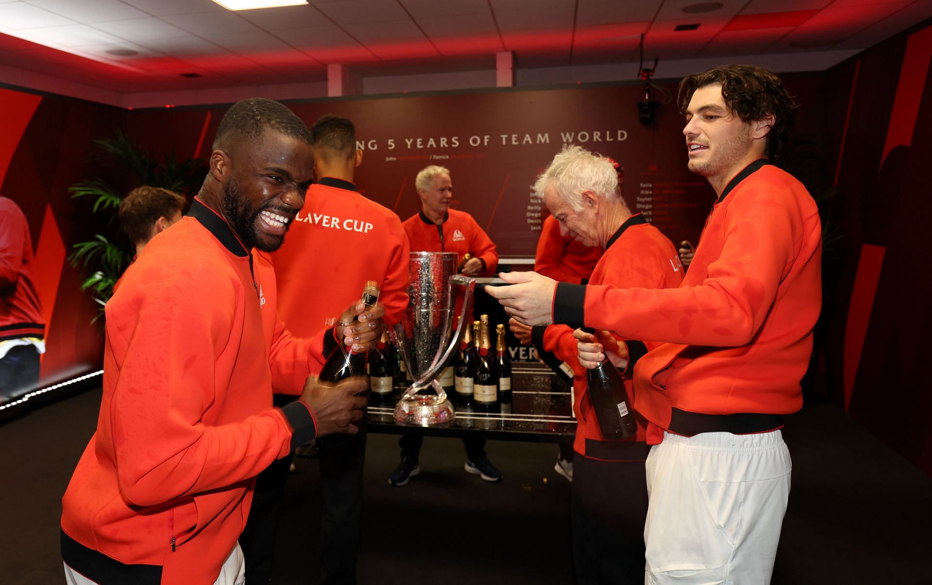 Taylor Fritz and Frances Tiafoe of Team World celebrating victory