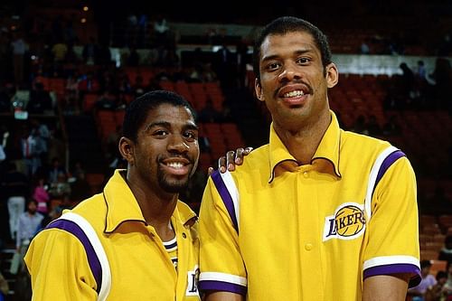 LA Lakers legends Magic Johnson, left, and Kareem Abdul-Jabbar