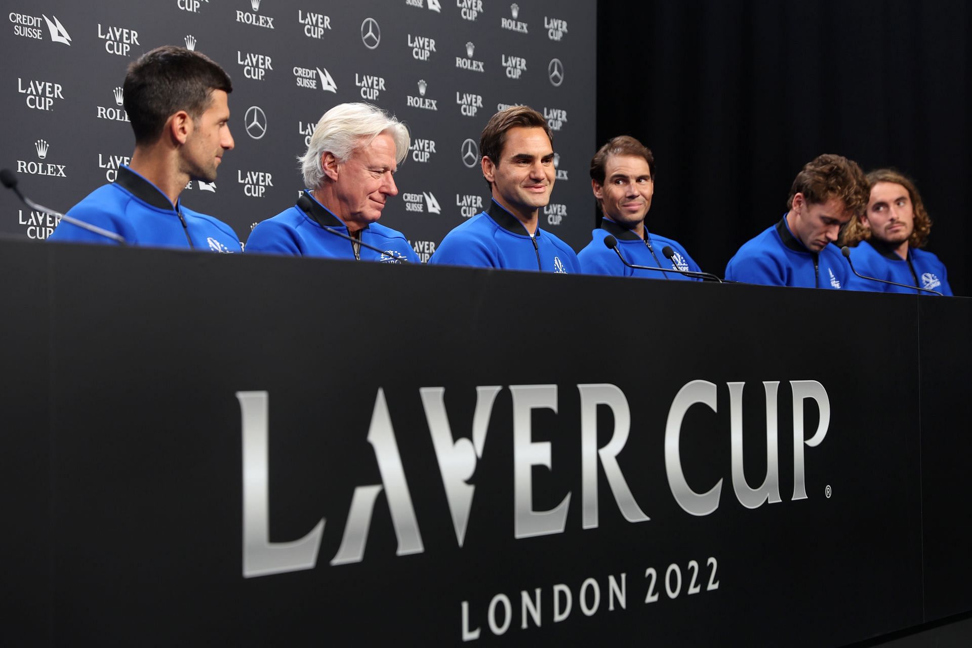 Novak Djokovic, Bjorn Borg, Roger Federer, Rafael Nadal, Casper Ruud and Stefanos Tsitsipas pictured at a press conference.