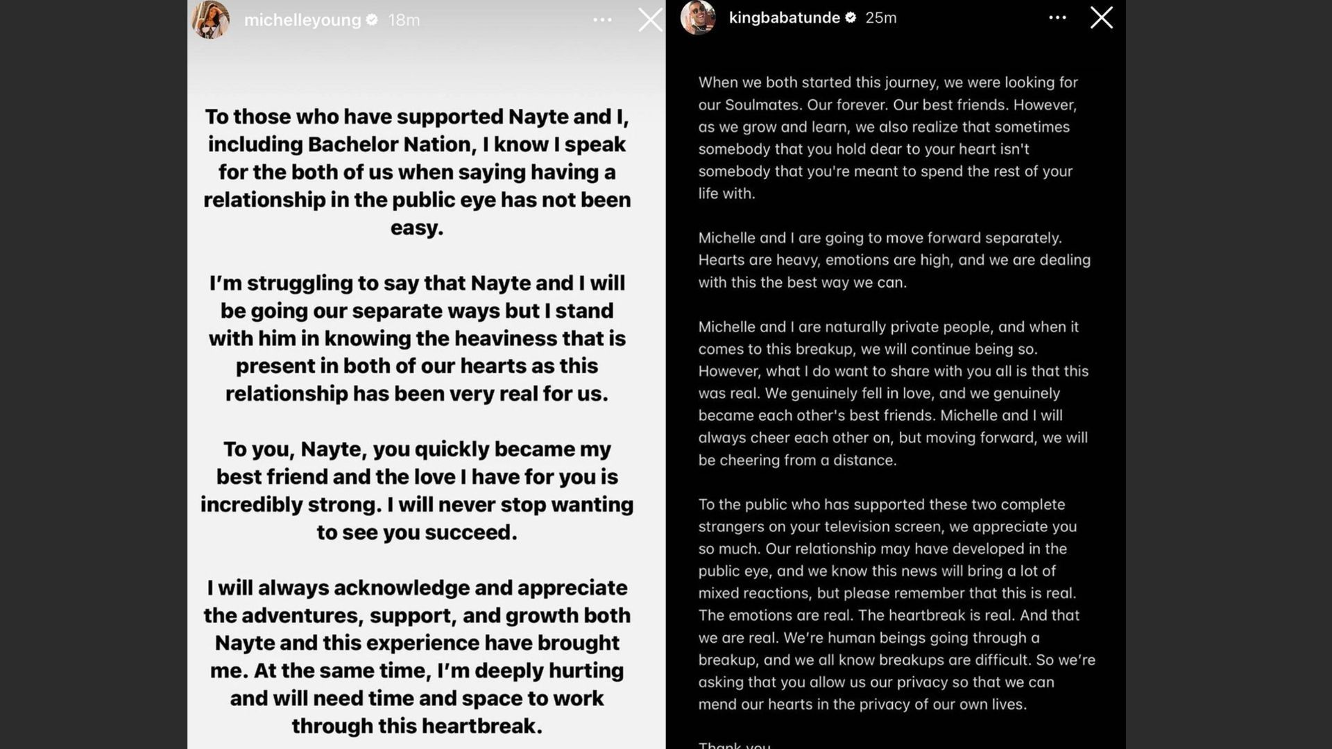 Break-up post of Michelle Young [left] and Nayte Olukoya [right] (Image via michelleyoung, kingbabatunde/Instagram story)