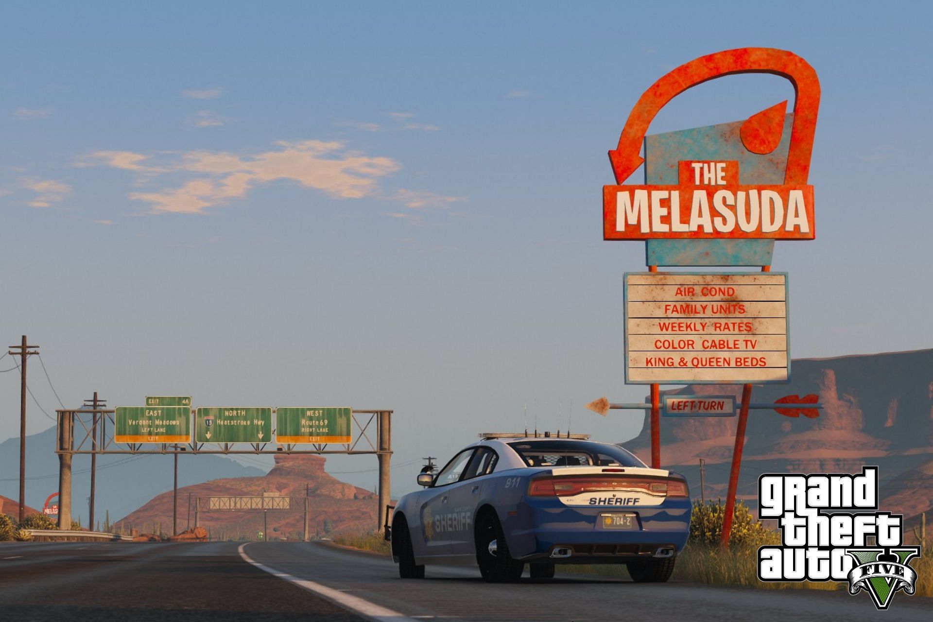 A sign welcoming visitors to Hotel Melasuda in GTA 5 (Image via The Las Venturas Project)