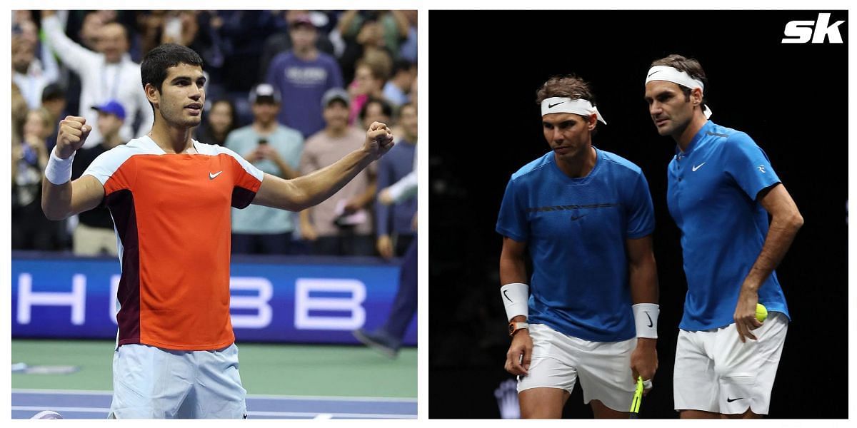 Carlos Alcaraz(L); Roger Federer and Rafael Nadal