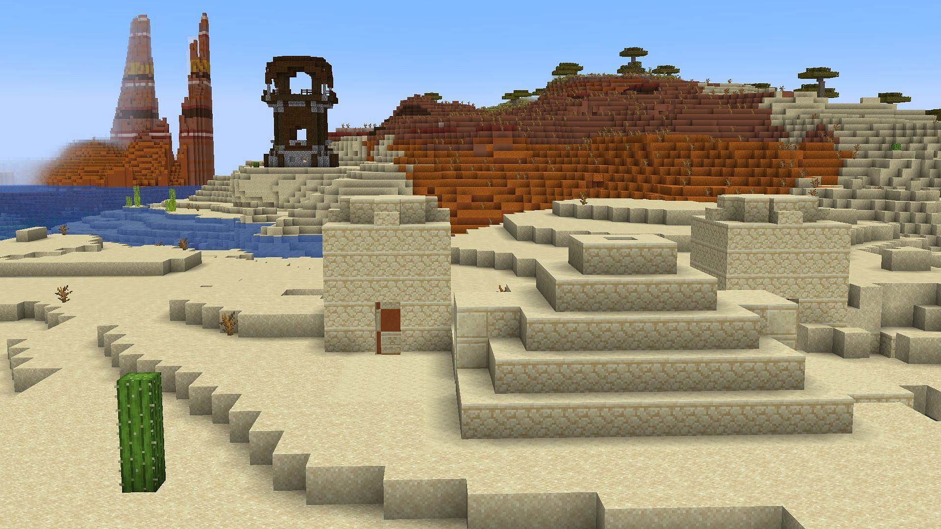 Desert Temple on a Minecraft island extremely close to mainland with Pillager Outpost (Image via Mojang)