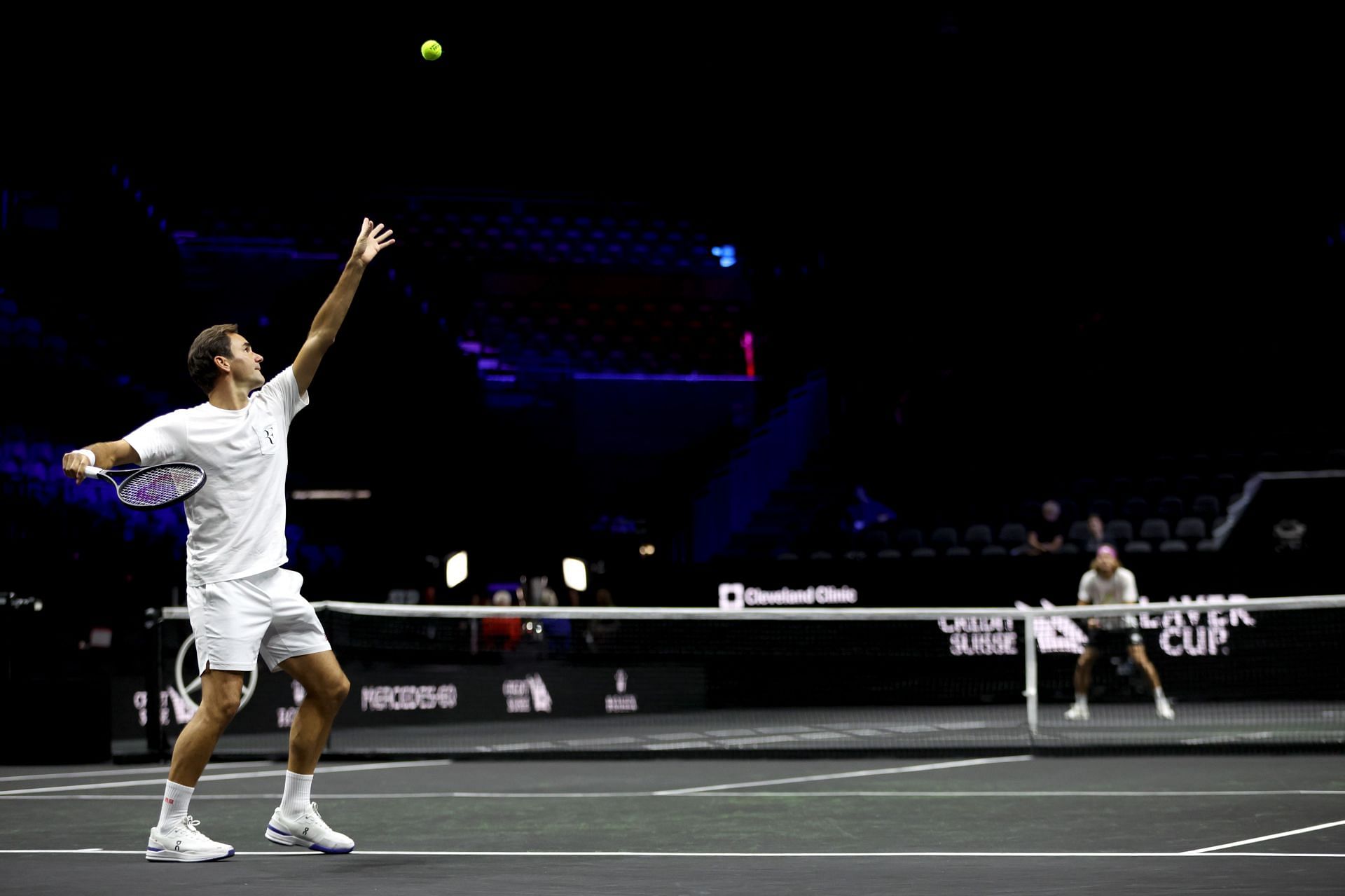 Roger Federer serves during practice for the Laver Cup