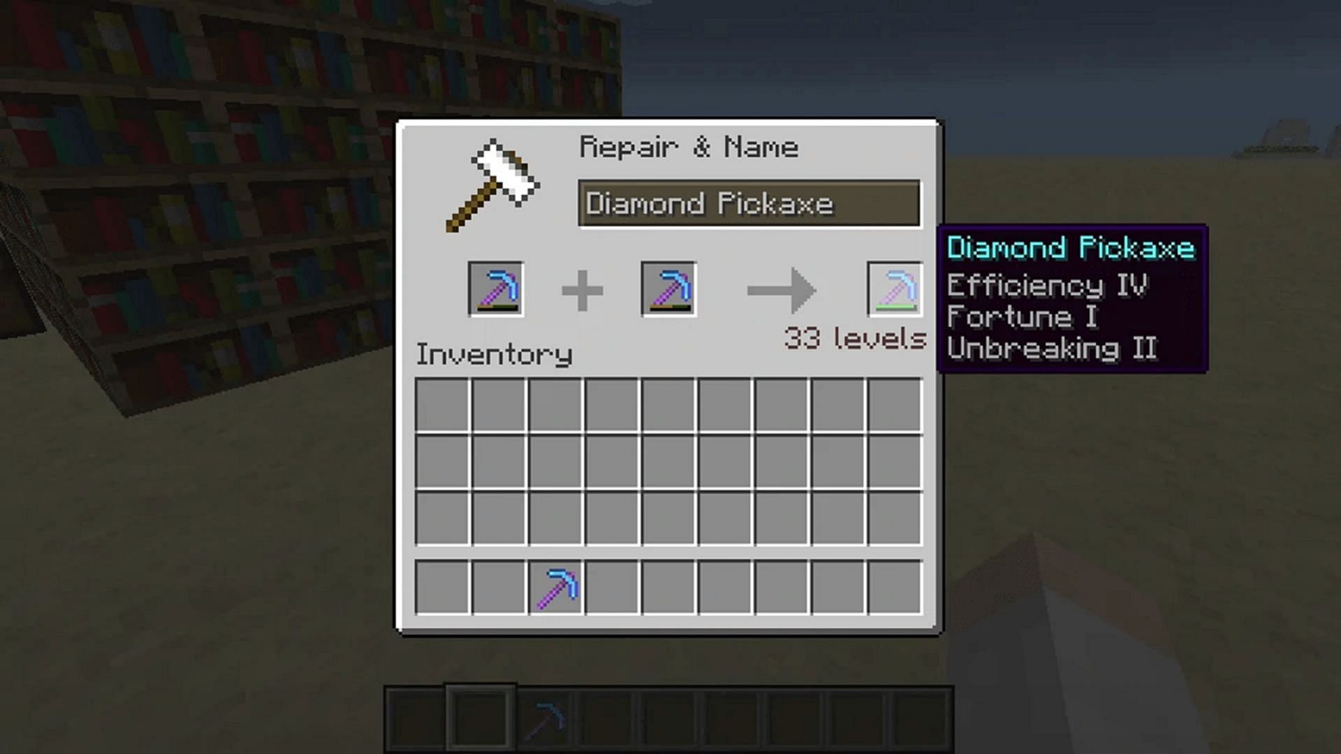 An Unbreaking-enchanted pickaxe being repaired via an anvil block (Image via Minecraft Wiki)