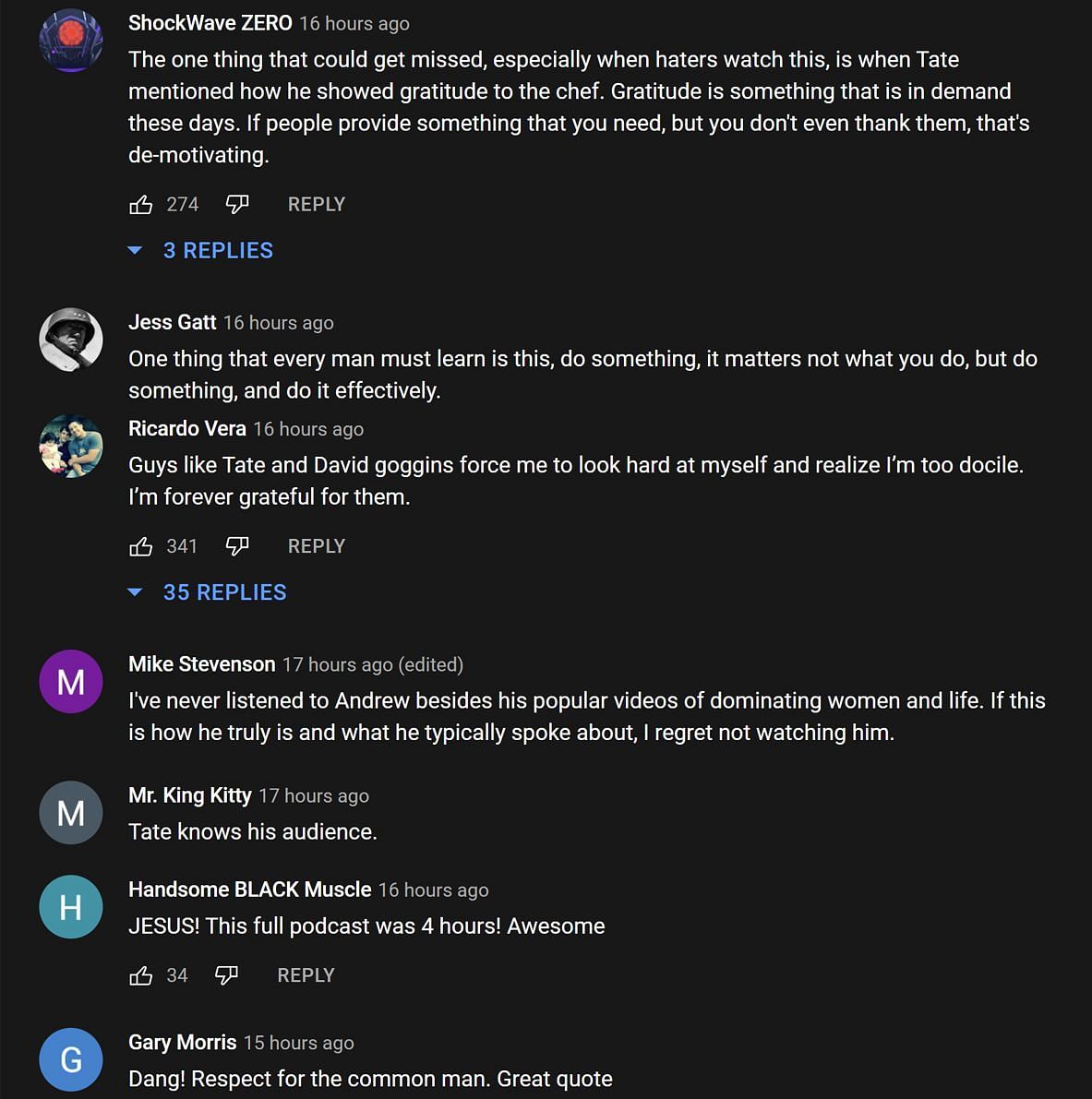 Fans in the YouTube comments section reacting to the podcast snippet featuring Andrew Tate (Image via Valuetainment/YouTube)