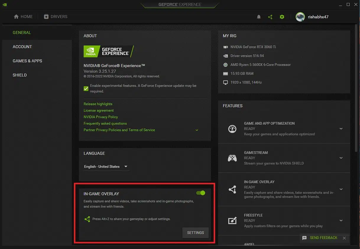 In-Game Overlay setting in GeForce Experience (Image via Sportskeeda)