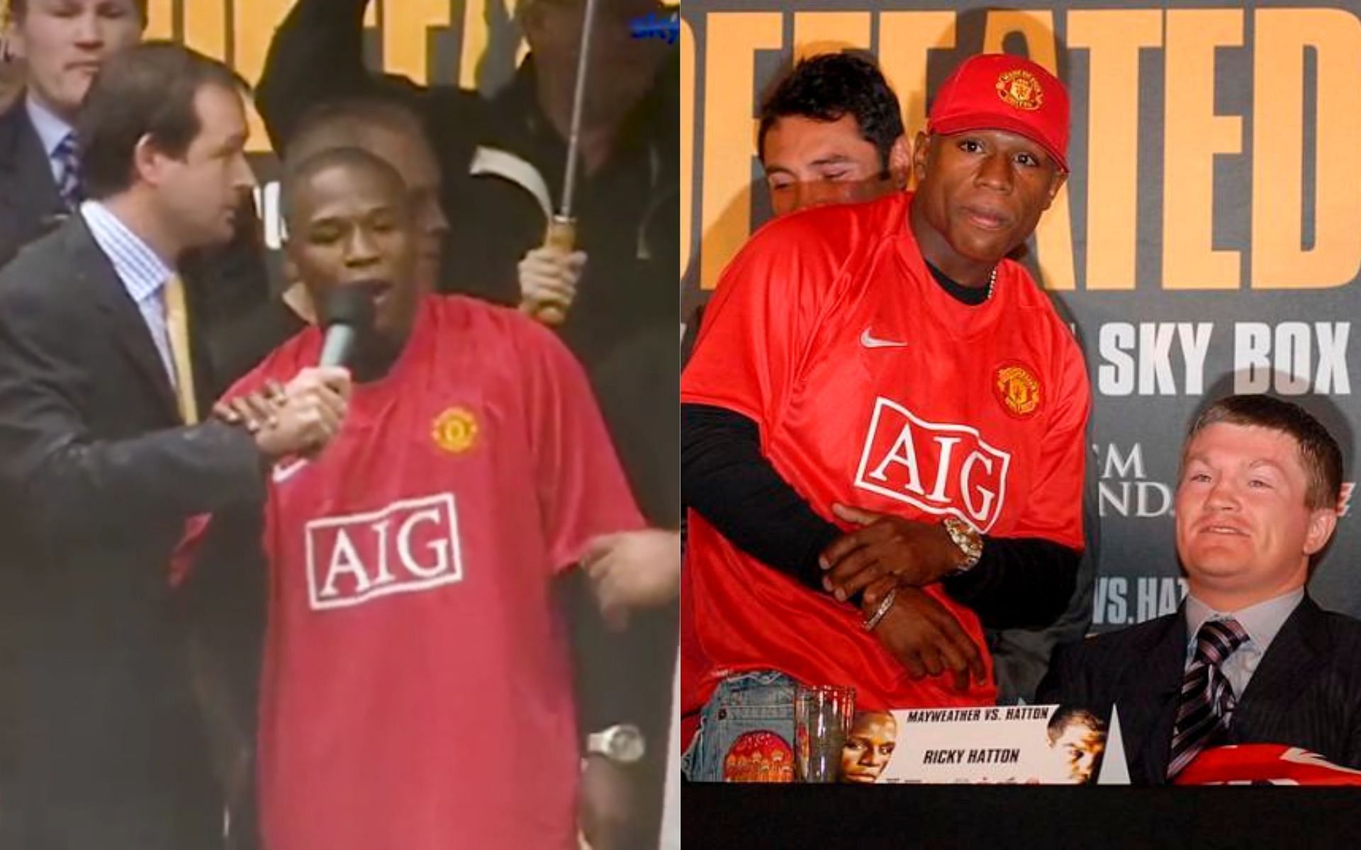 Floyd Mayweather on stage with a Manchester United jersey (left) and Floyd Mayweather standing next to Ricky Hatton (right) (Image credits @Ero_senniN__ and @SkySportsBoxing on Twitter)