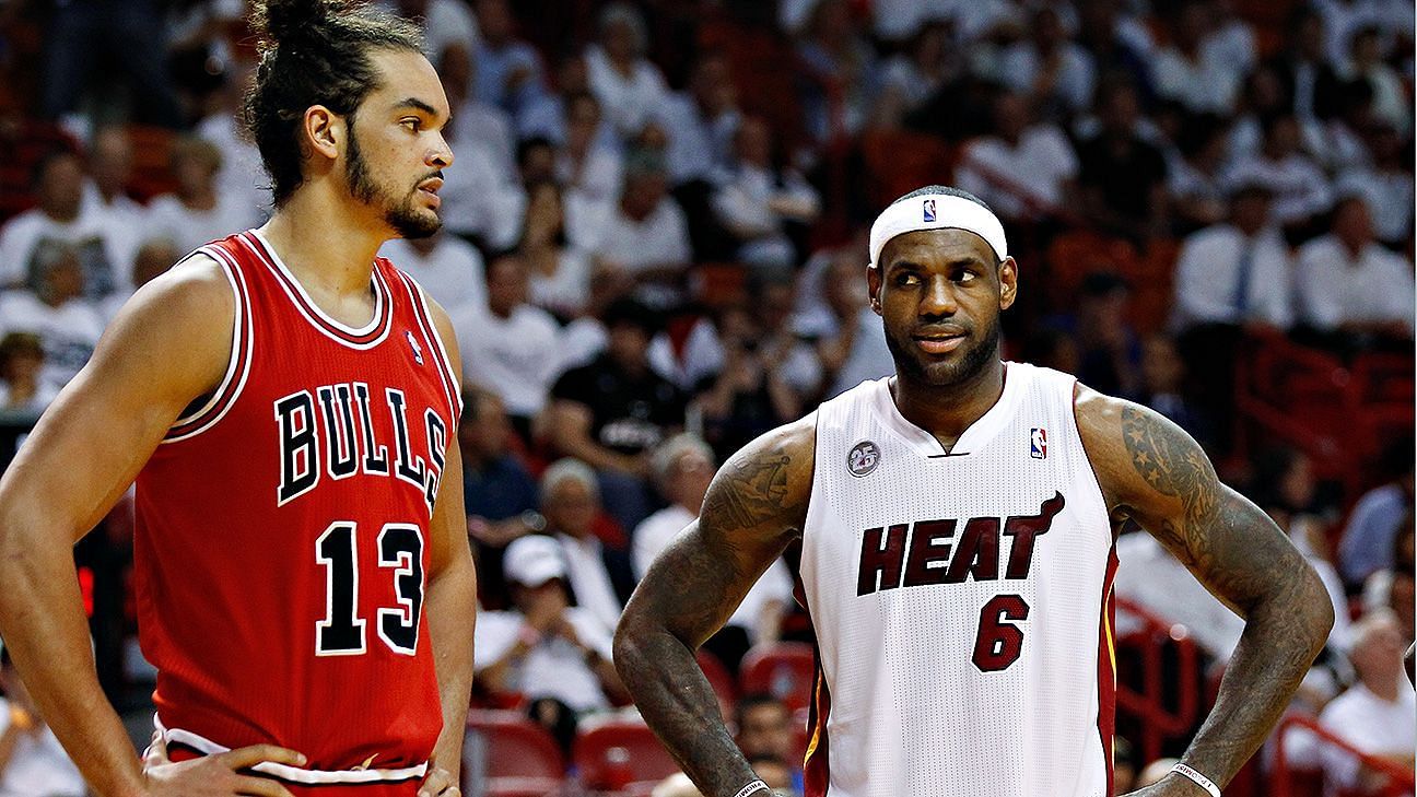 Joakim Noah of the Chicago Bulls against LeBron James of the Miami Heat