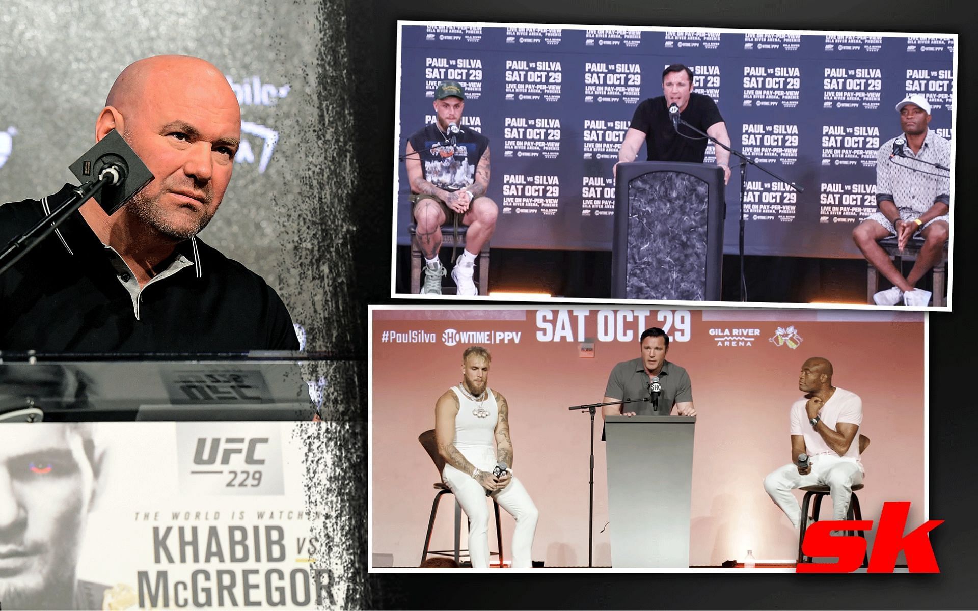 Dana White (left), Jake Paul, Chael Sonnen and Anderson Silva (top right)[Image courtesy: @themaclife on YouTube] Paul, Sonnen and Silva (bottom right)[Image courtesy: @mmafighting on YouTube]