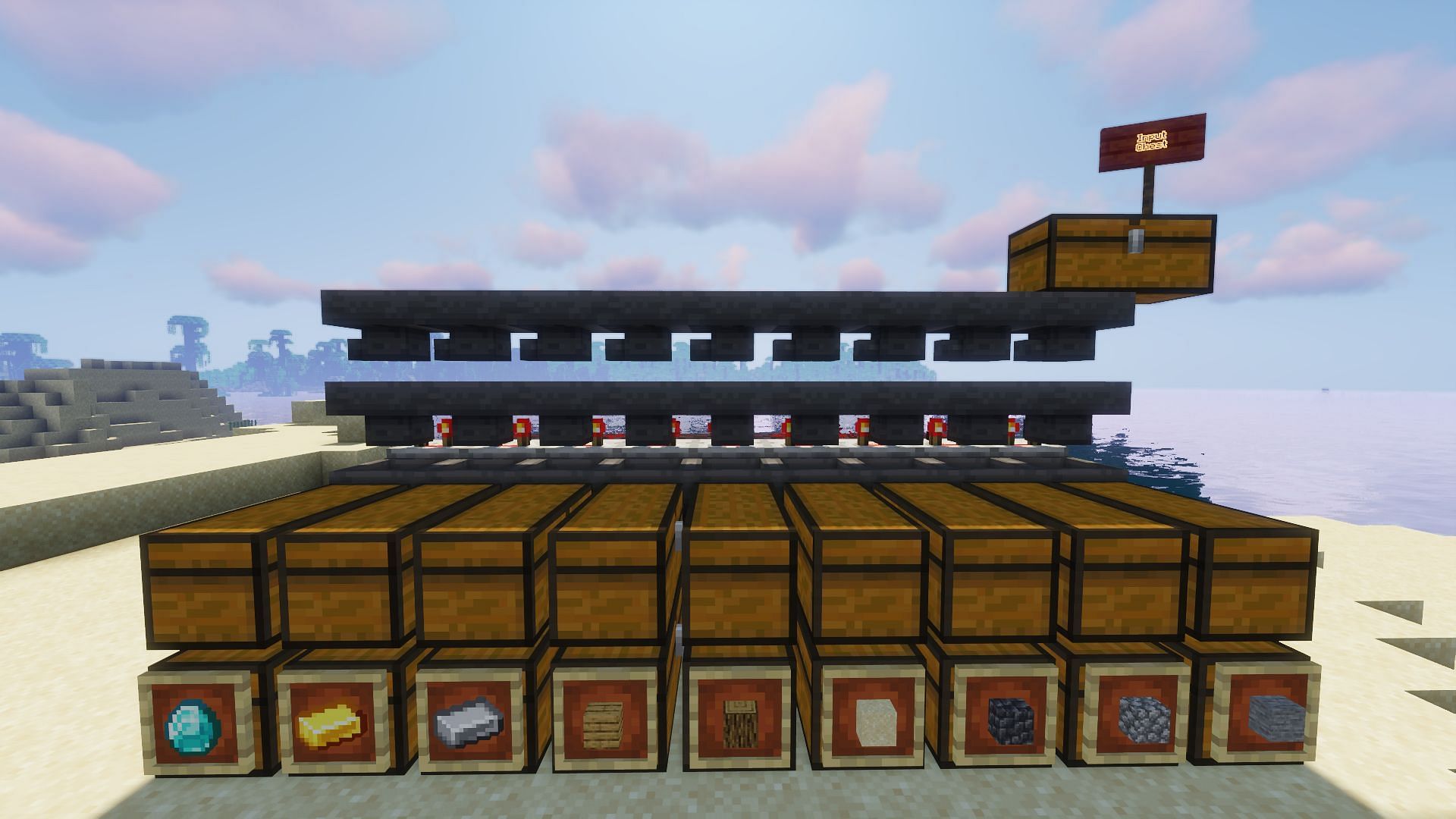 The completed, and expandable, simple item sorter (Image via Minecraft)