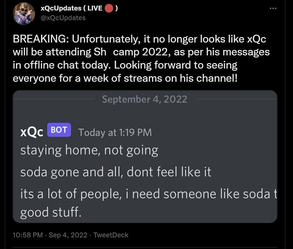 Twitter user xQcUpdates shared a message posted by the streaming personality on Discord (Image via Twitter)
